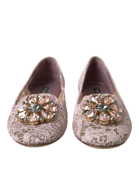 Dolce & Gabbana Pink Lace Crystal Ballet Flats Loafers Shoes - Hilstor