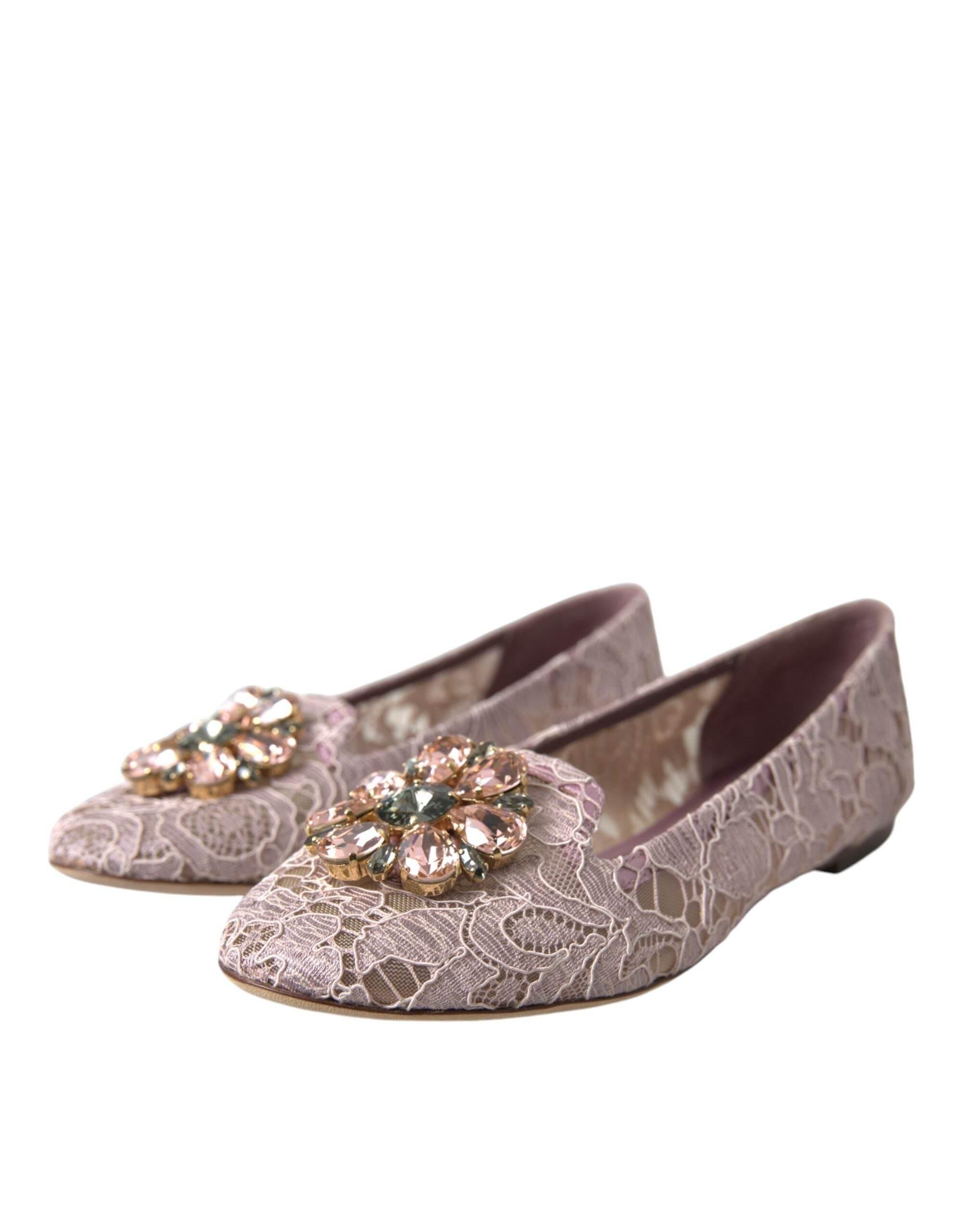Dolce & Gabbana Pink Lace Crystal Ballet Flats Loafers Shoes - Hilstor