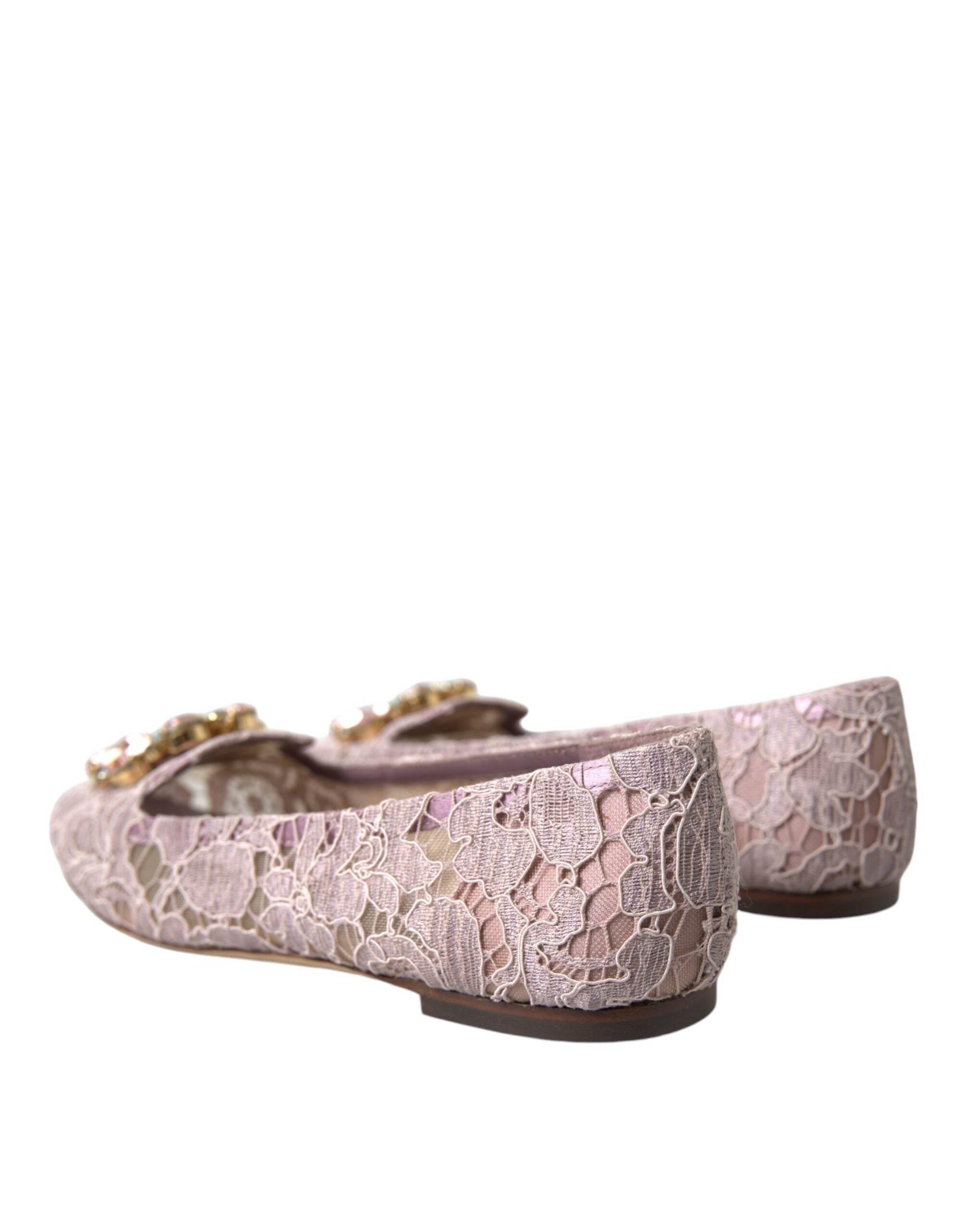 Dolce & Gabbana Pink Lace Crystal Ballet Flats Loafers Shoes - Hilstor