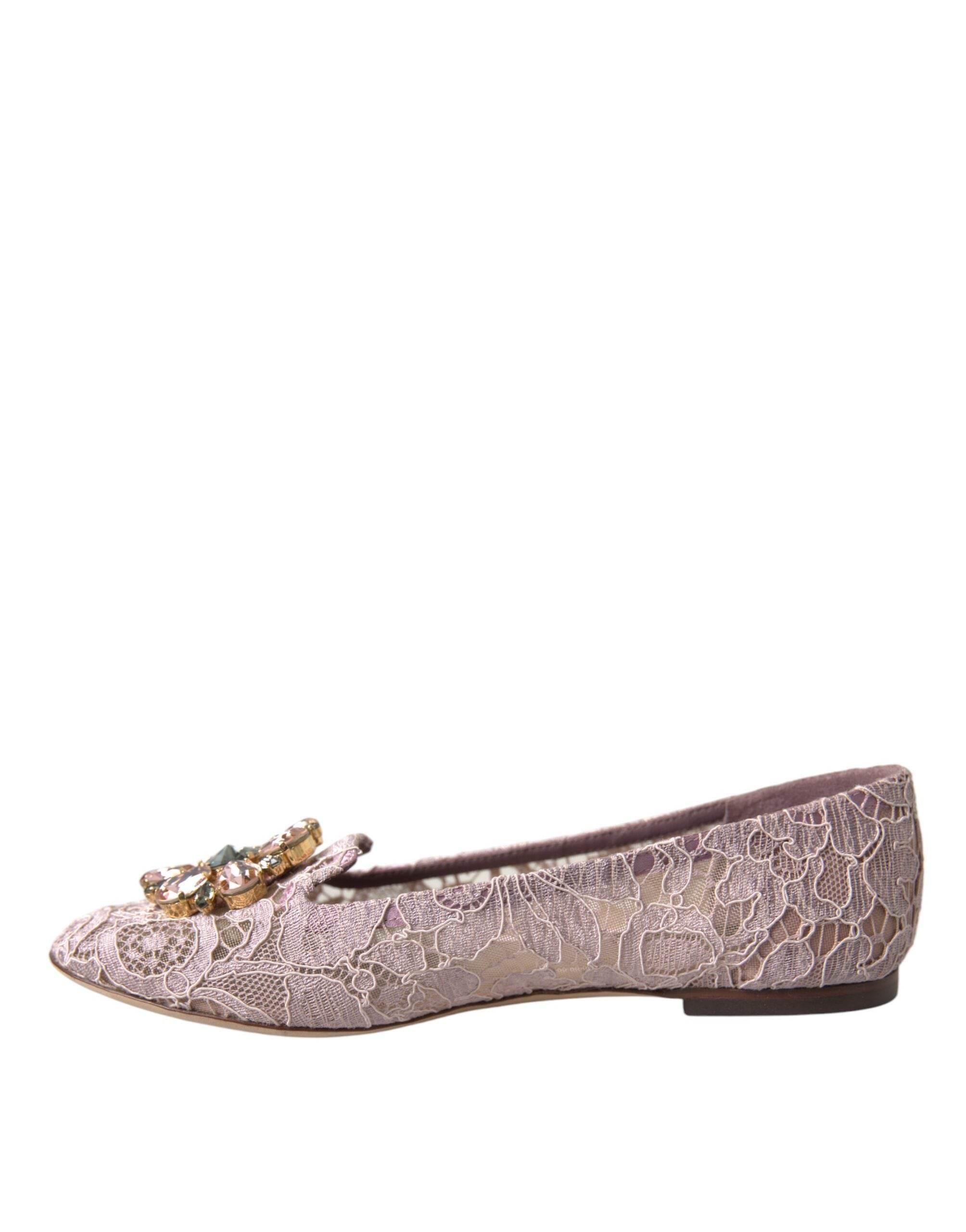 Dolce & Gabbana Pink Lace Crystal Ballet Flats Loafers Shoes - Hilstor