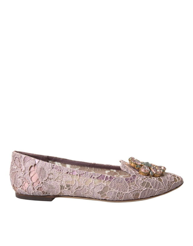 Dolce & Gabbana Pink Lace Crystal Ballet Flats Loafers Shoes - Hilstor
