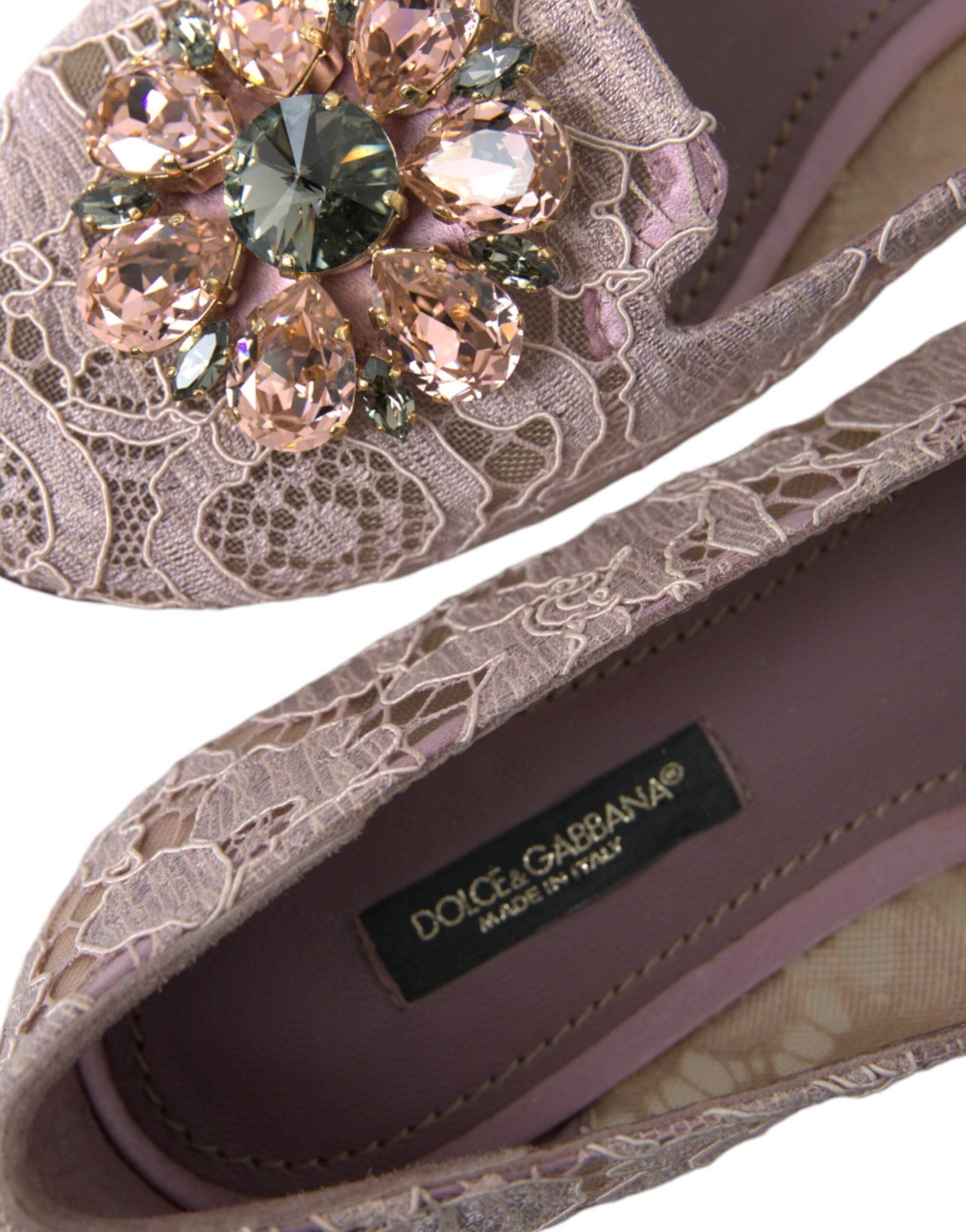Dolce & Gabbana Pink Lace Crystal Ballet Flats Loafers Shoes - Hilstor