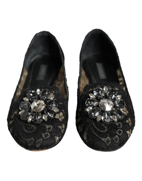 Dolce & Gabbana Black Lace Crystal Ballet Flats Loafer Shoes - Hilstor