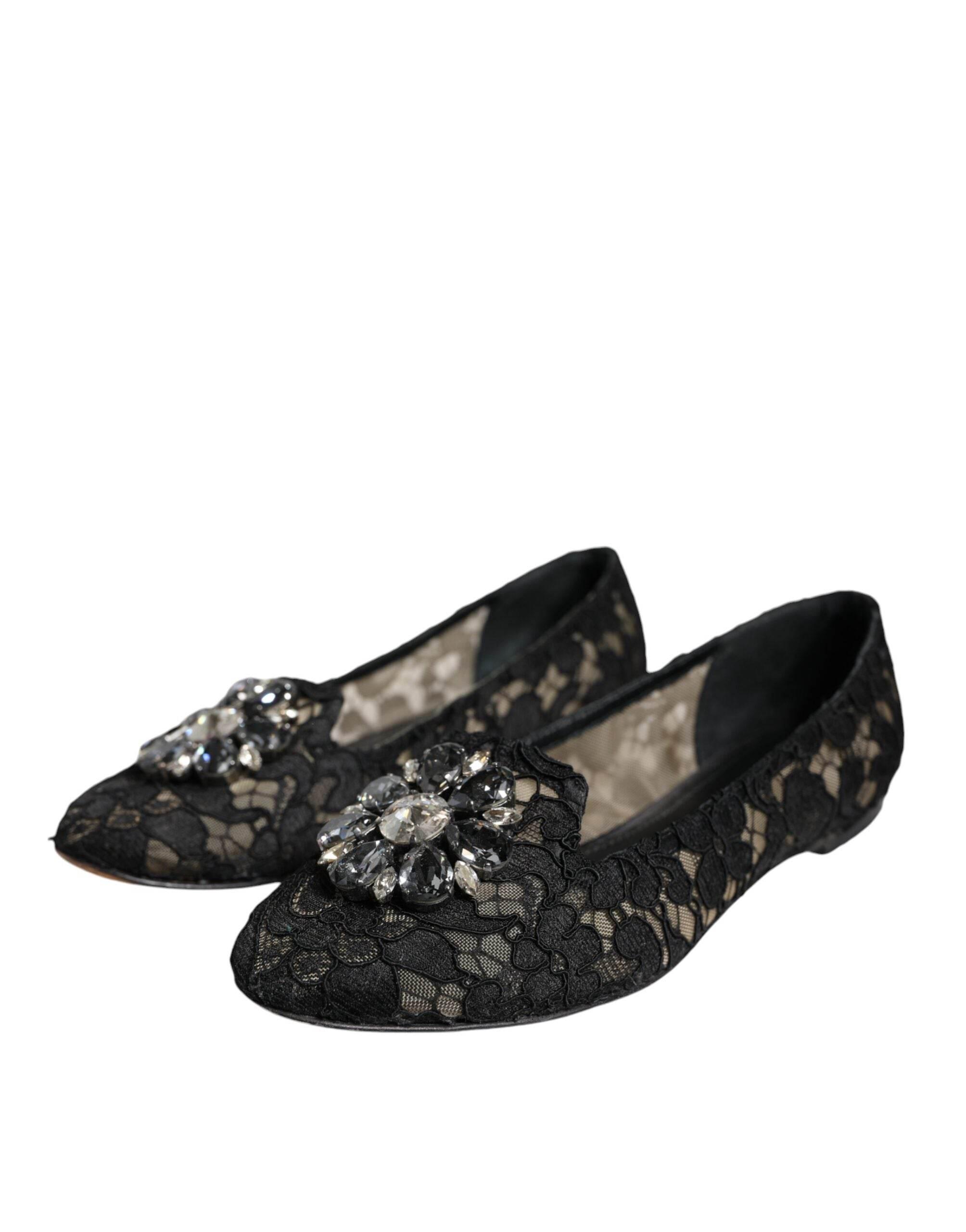 Dolce & Gabbana Black Lace Crystal Ballet Flats Loafer Shoes - Hilstor