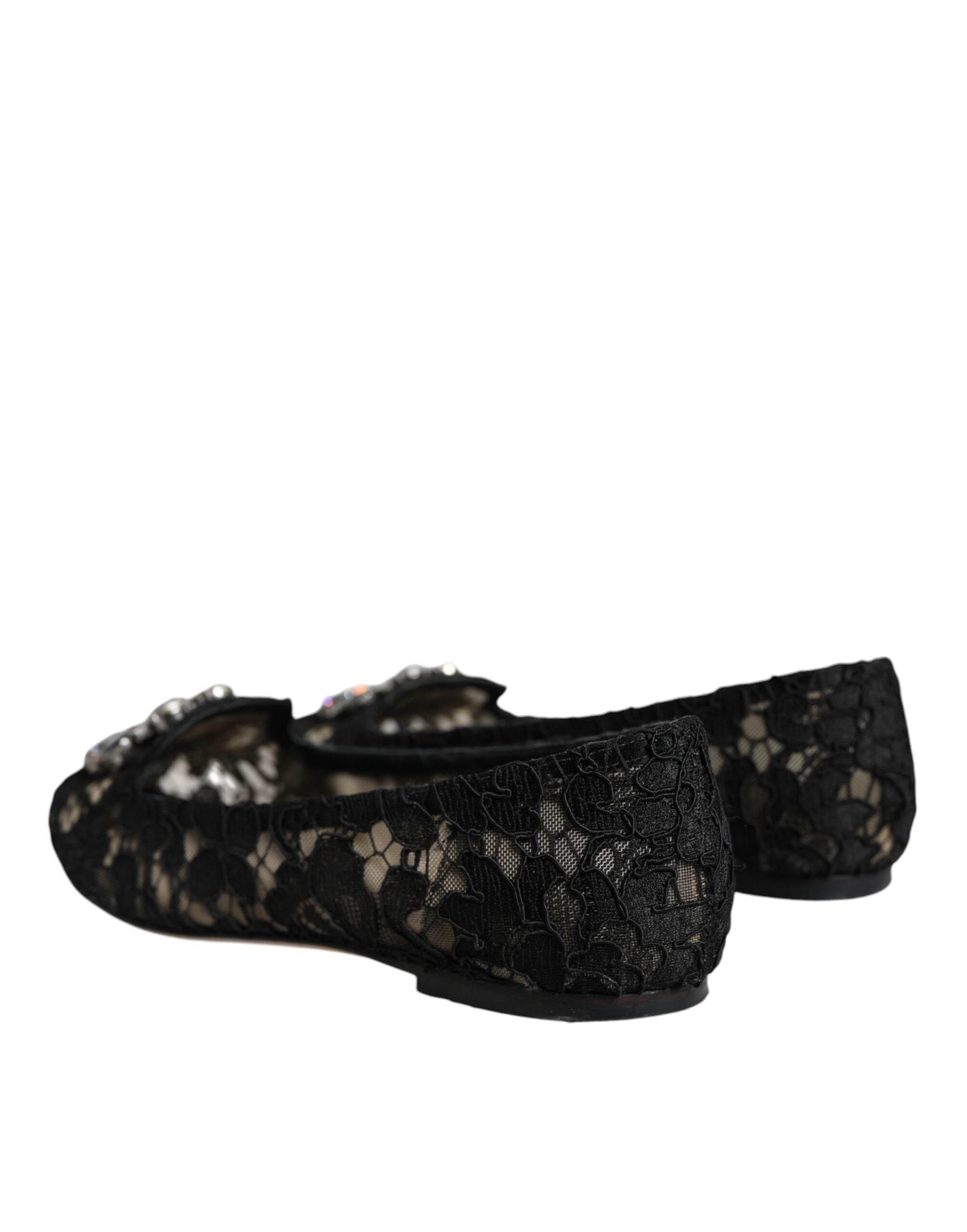 Dolce & Gabbana Black Lace Crystal Ballet Flats Loafer Shoes - Hilstor