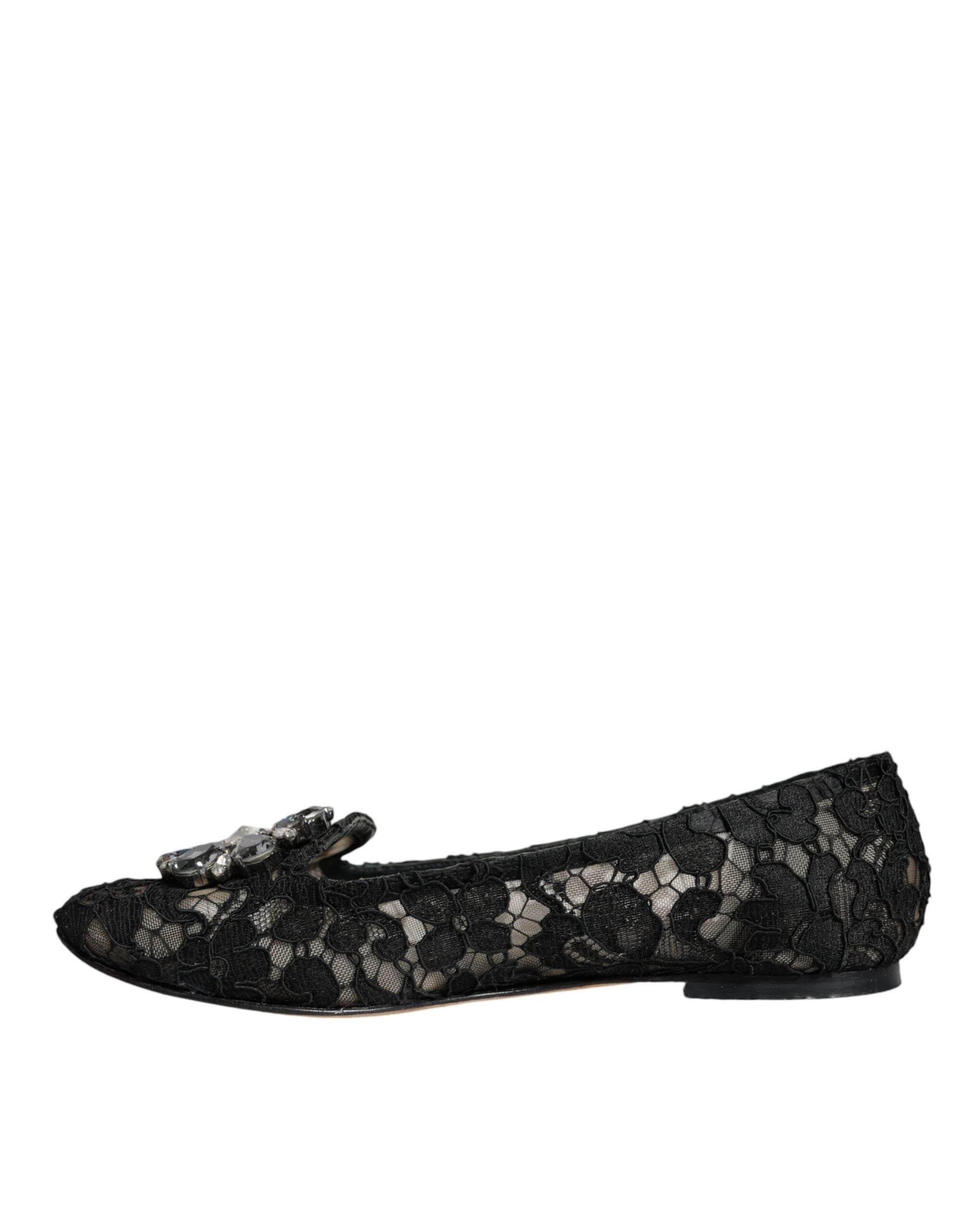 Dolce & Gabbana Black Lace Crystal Ballet Flats Loafer Shoes - Hilstor