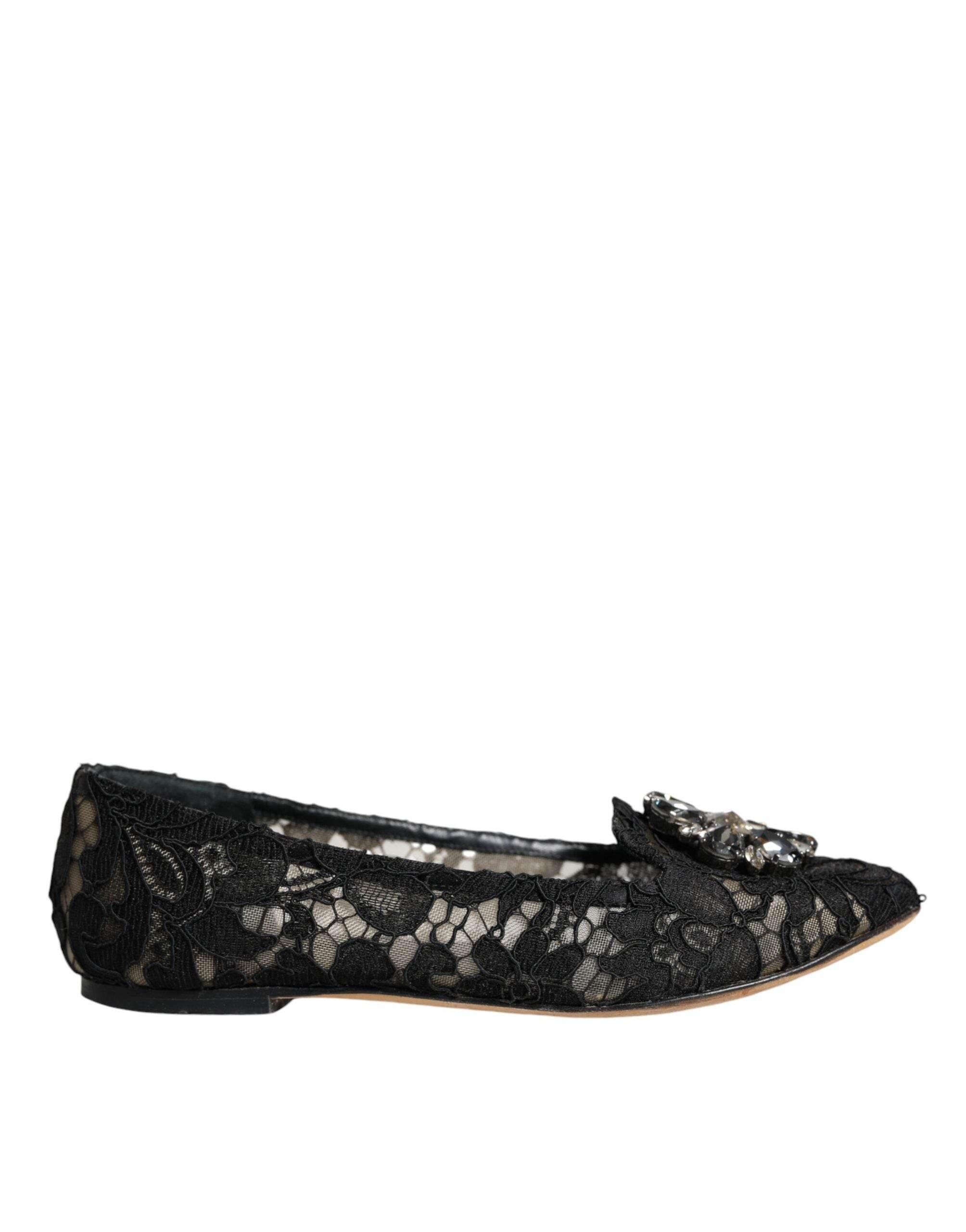 Dolce & Gabbana Black Lace Crystal Ballet Flats Loafer Shoes - Hilstor