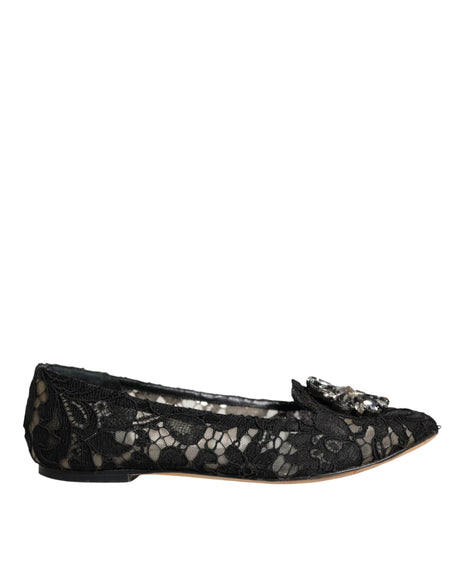 Dolce & Gabbana Black Lace Crystal Ballet Flats Loafer Shoes - Hilstor