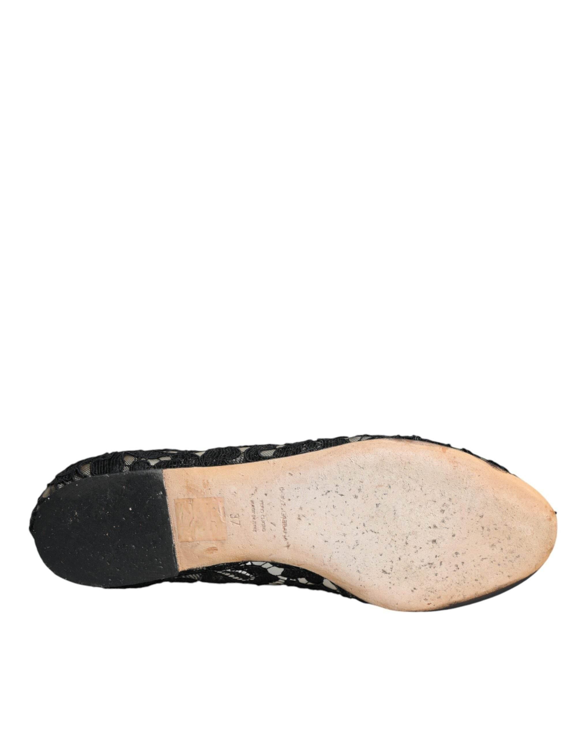 Dolce & Gabbana Black Lace Crystal Ballet Flats Loafer Shoes - Hilstor