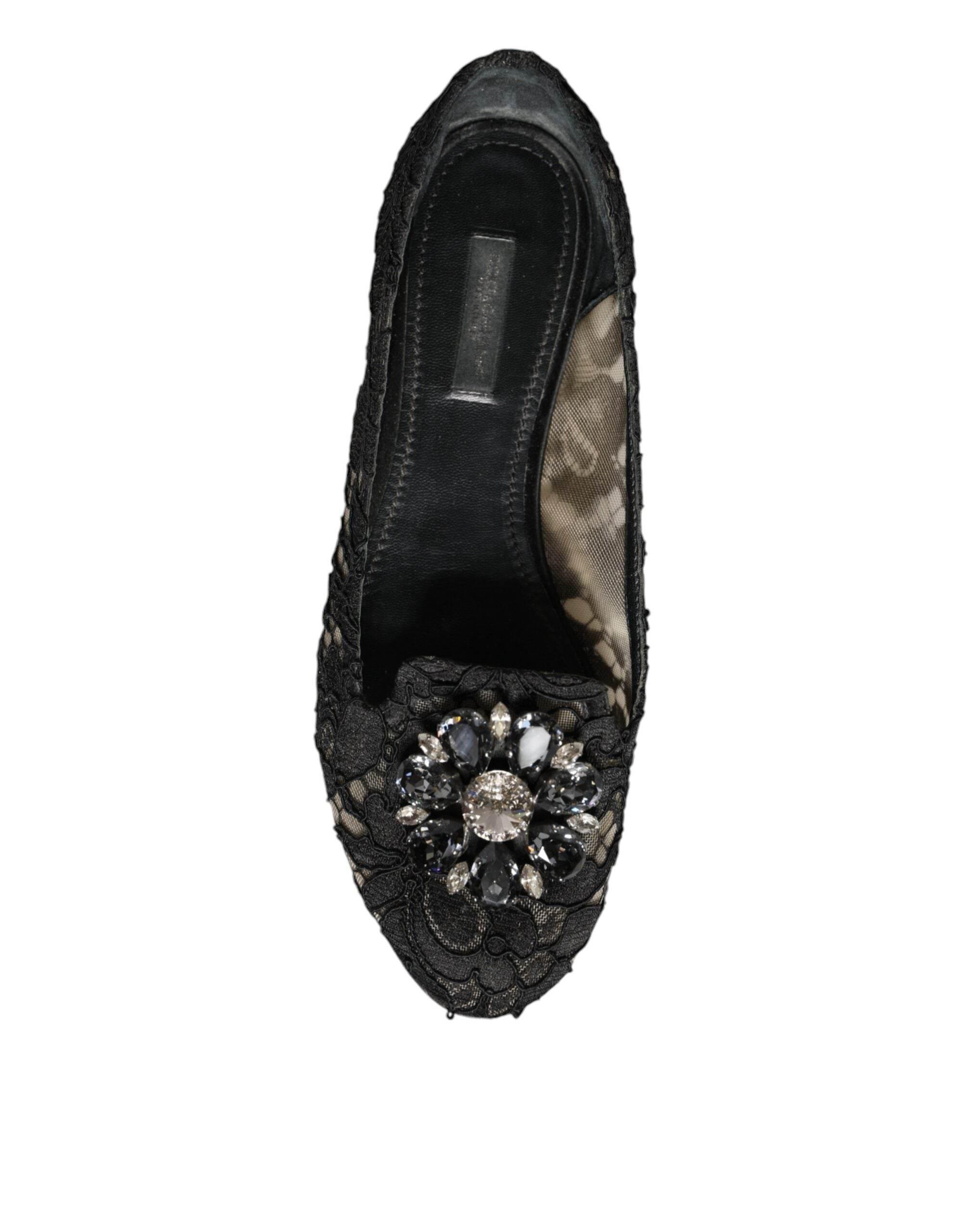 Dolce & Gabbana Black Lace Crystal Ballet Flats Loafer Shoes - Hilstor