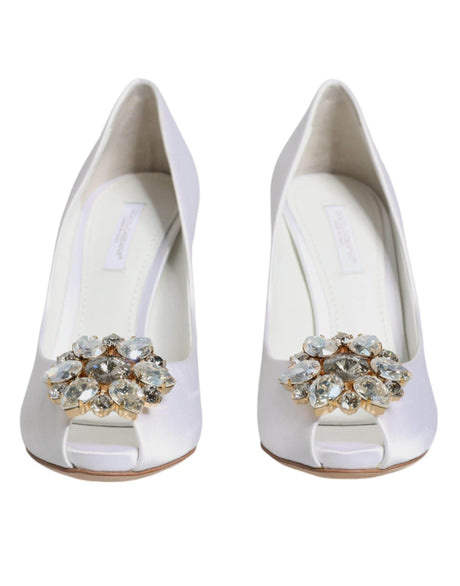 Dolce & Gabbana White Crystals Peep Toe Satin Pumps Shoes - Hilstor