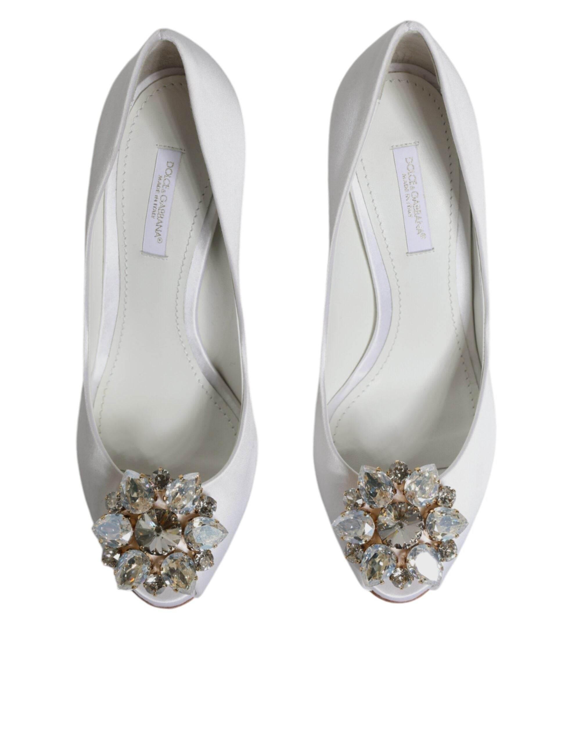 Dolce & Gabbana White Crystals Peep Toe Satin Pumps Shoes - Hilstor