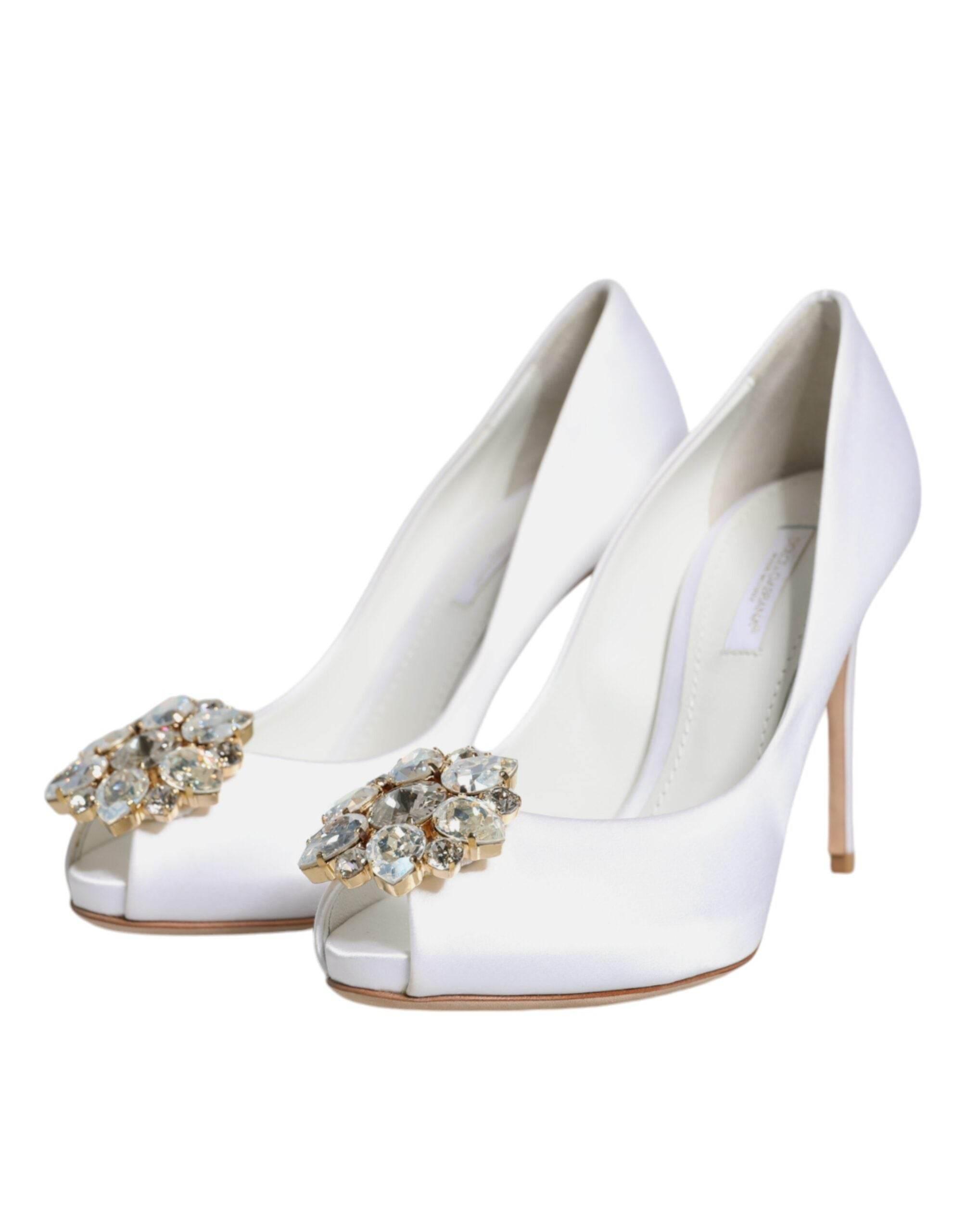 Dolce & Gabbana White Crystals Peep Toe Satin Pumps Shoes - Hilstor