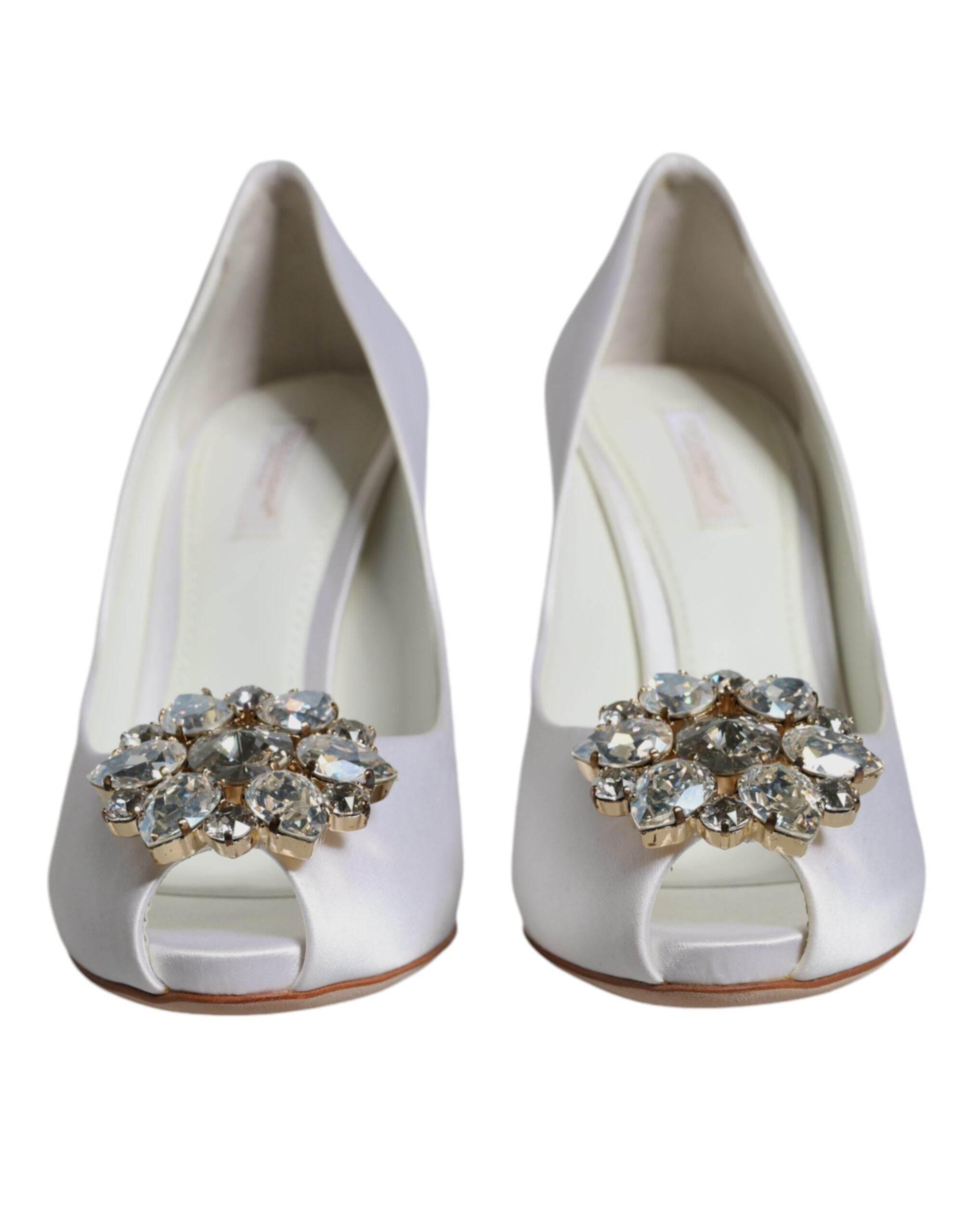 Dolce & Gabbana White Crystals Peep Toe Satin Pumps Shoes - Hilstor