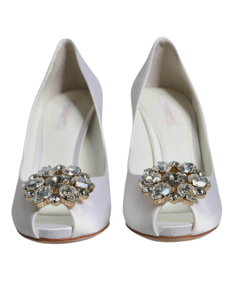 Dolce & Gabbana White Crystals Peep Toe Satin Pumps Shoes - Hilstor
