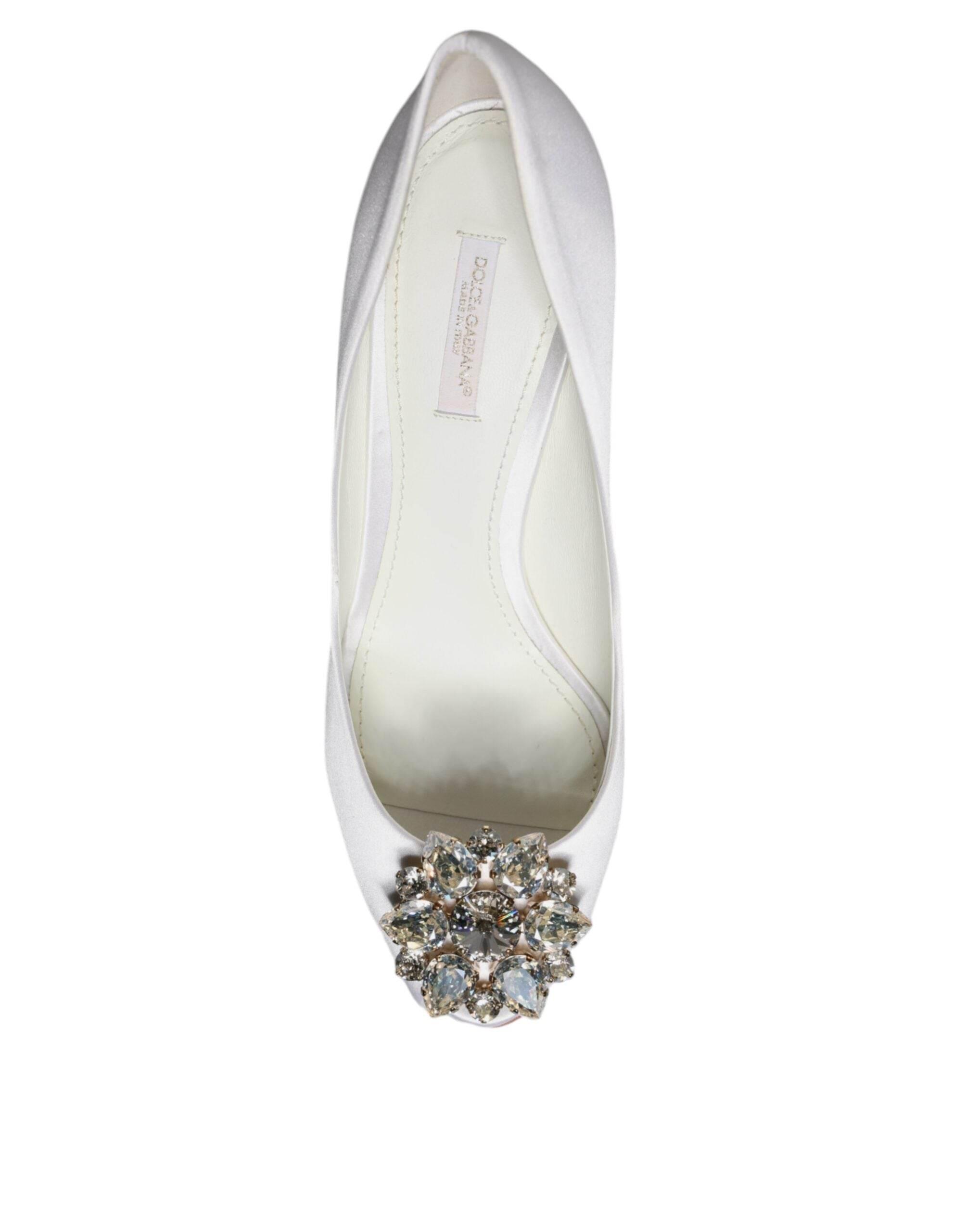 Dolce & Gabbana White Crystals Peep Toe Satin Pumps Shoes - Hilstor