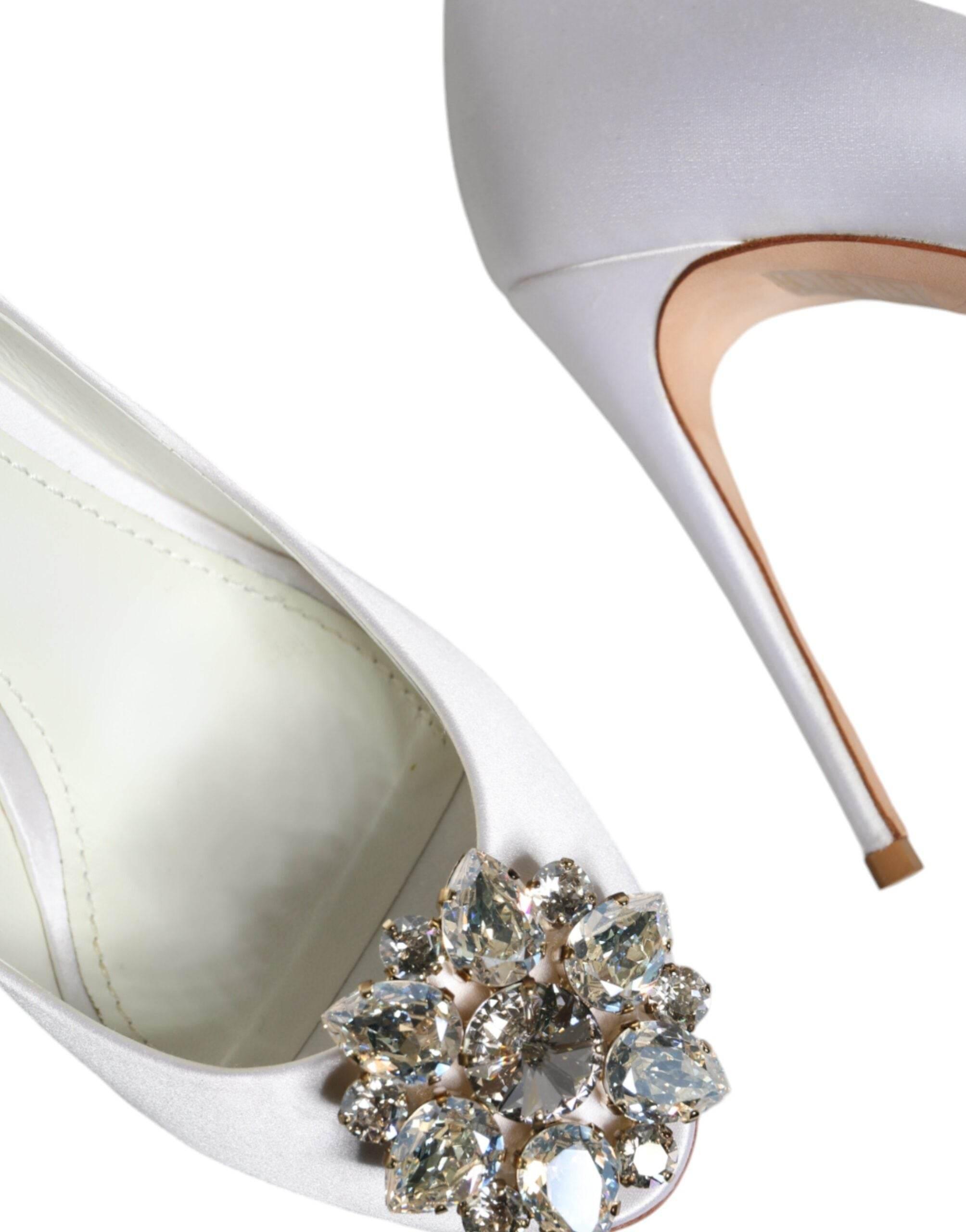 Dolce & Gabbana White Crystals Peep Toe Satin Pumps Shoes - Hilstor