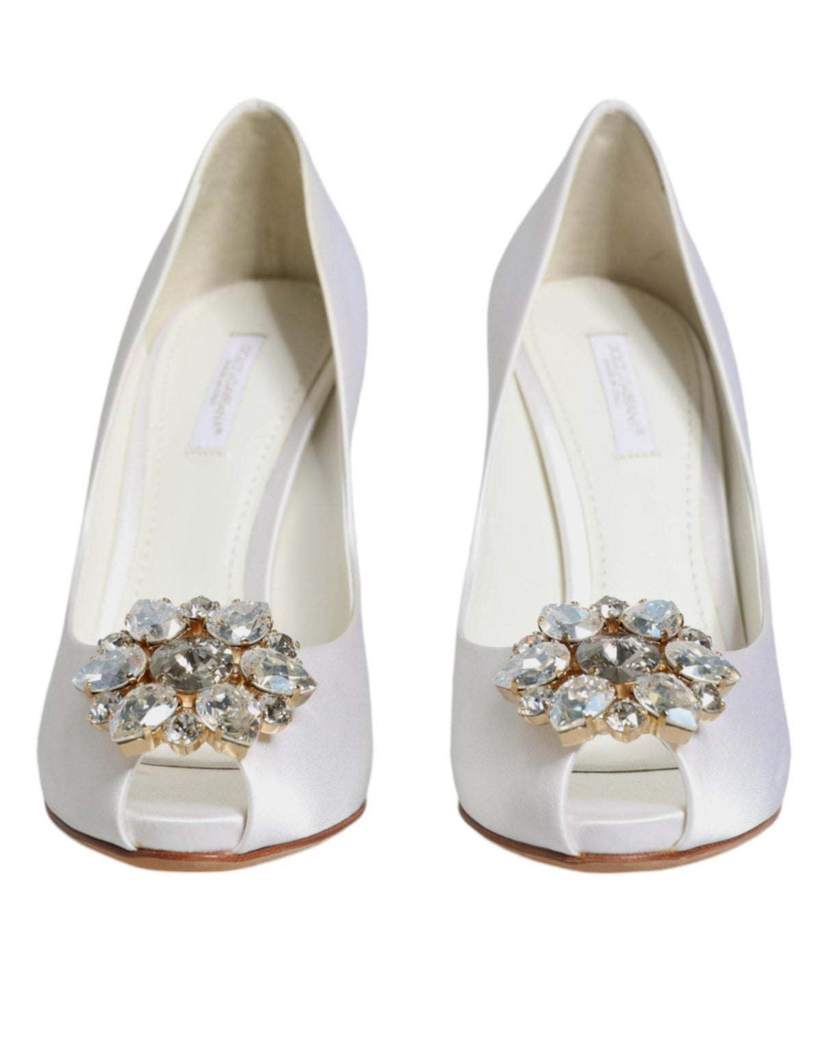 Dolce & Gabbana White Crystals Peep Toe Satin Pumps Shoes - Hilstor