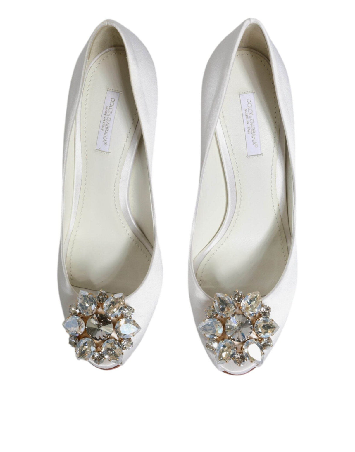 Dolce & Gabbana White Crystals Peep Toe Satin Pumps Shoes - Hilstor