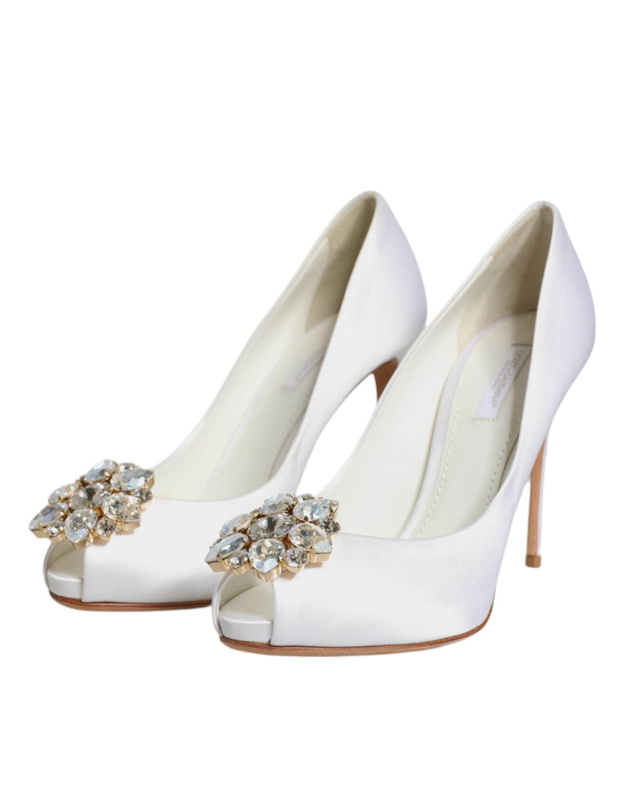 Dolce & Gabbana White Crystals Peep Toe Satin Pumps Shoes - Hilstor
