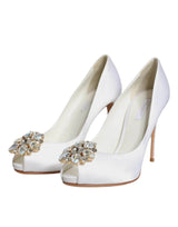 Dolce & Gabbana White Crystals Peep Toe Satin Pumps Shoes - Hilstor