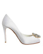 Dolce & Gabbana White Crystals Peep Toe Satin Pumps Shoes - Hilstor