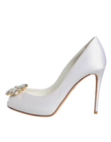 Dolce & Gabbana White Crystals Peep Toe Satin Pumps Shoes - Hilstor