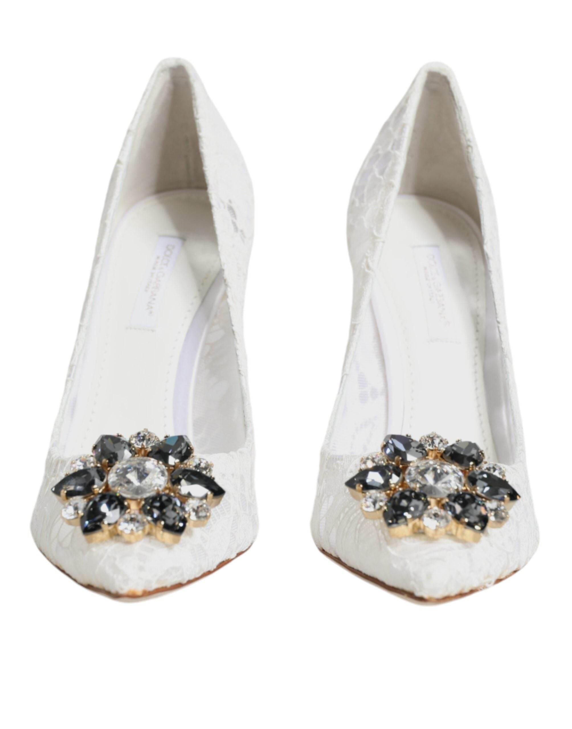 Dolce & Gabbana White Taormina Lace Crystal Heels Pumps Shoes - Hilstor