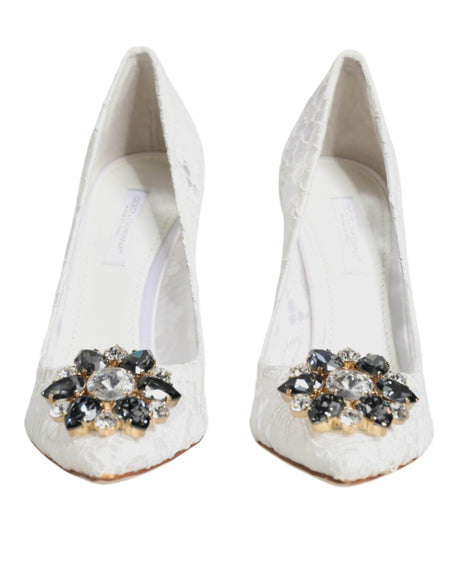 Dolce & Gabbana White Taormina Lace Crystal Heels Pumps Shoes - Hilstor
