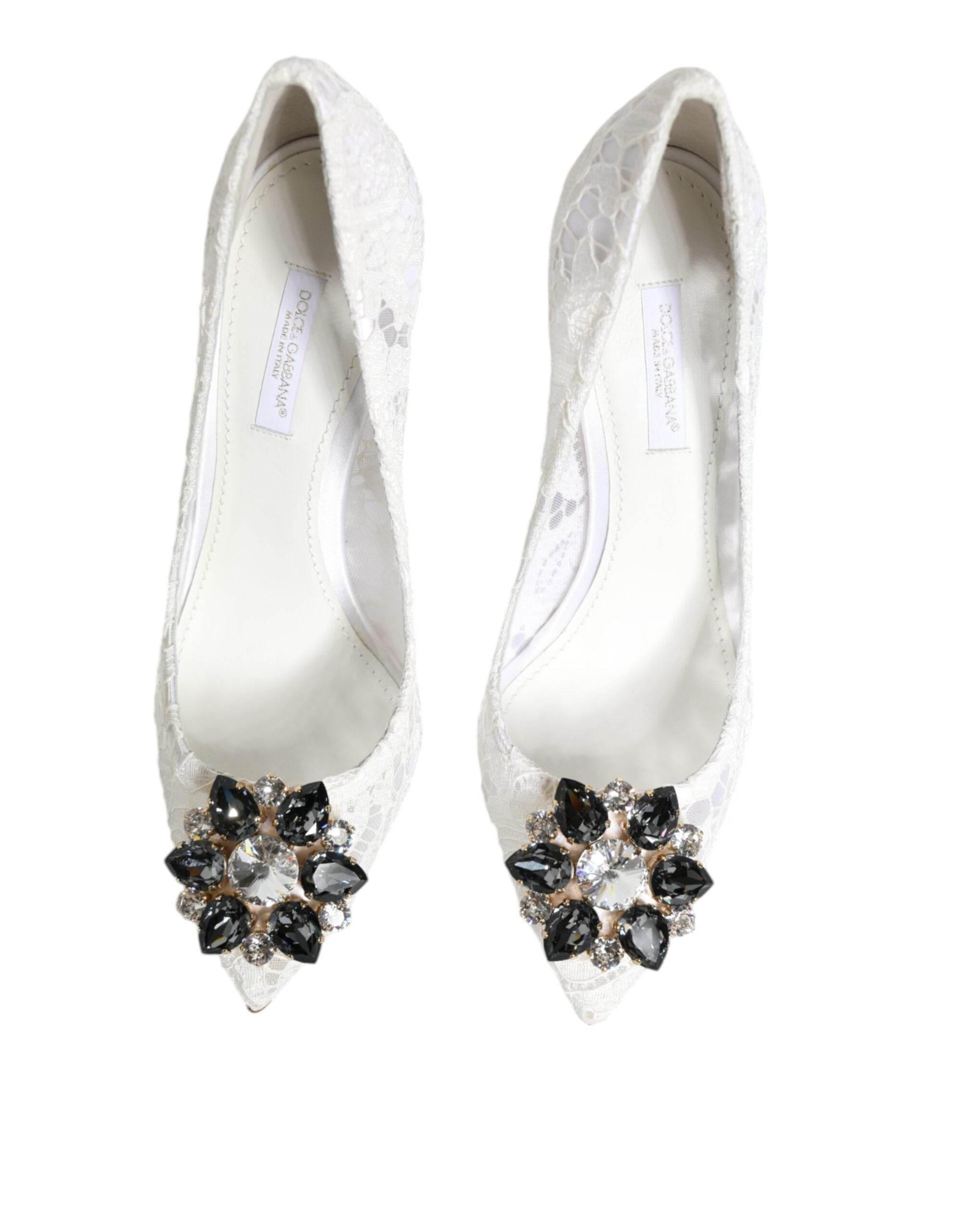 Dolce & Gabbana White Taormina Lace Crystal Heels Pumps Shoes - Hilstor