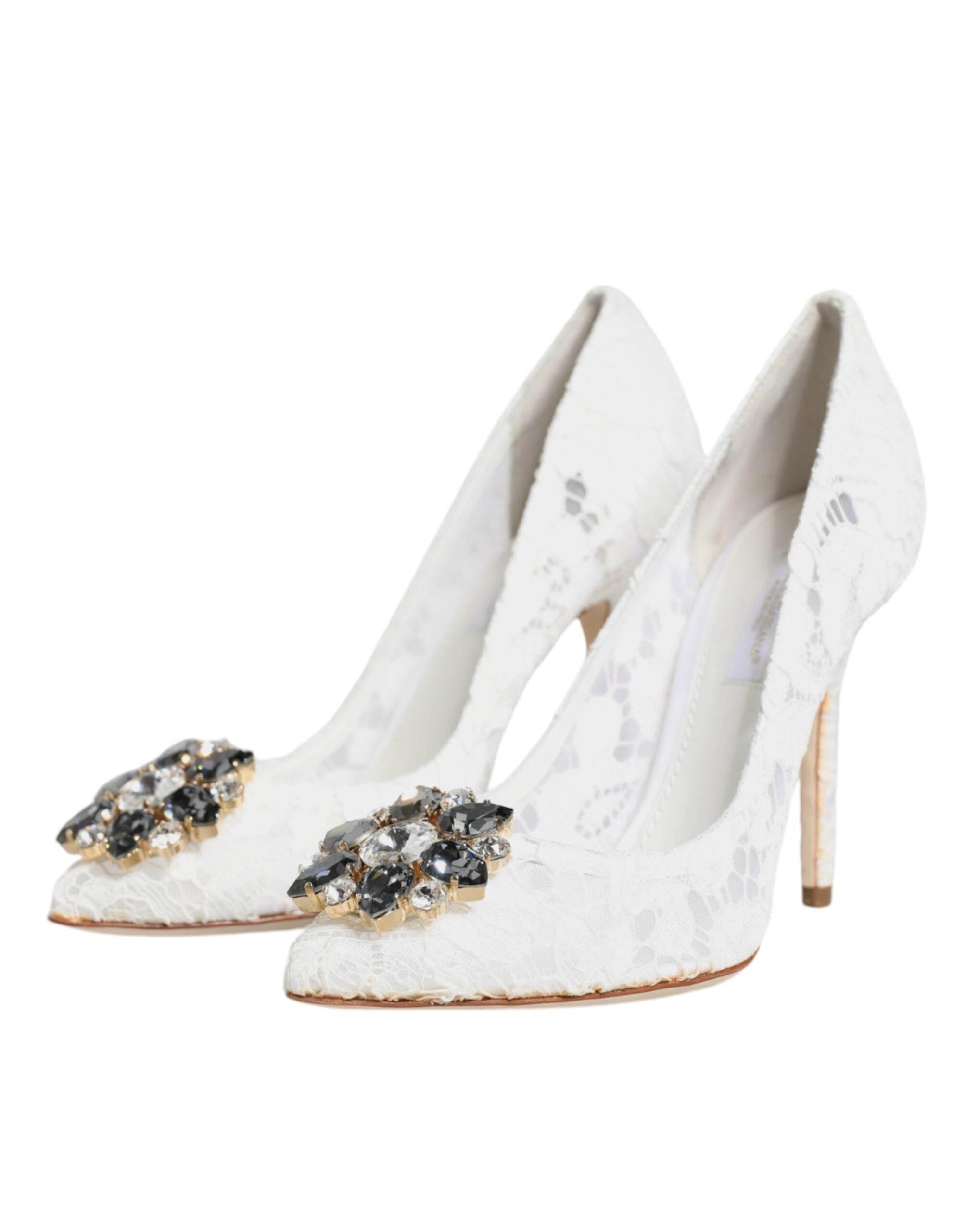 Dolce & Gabbana White Taormina Lace Crystal Heels Pumps Shoes - Hilstor