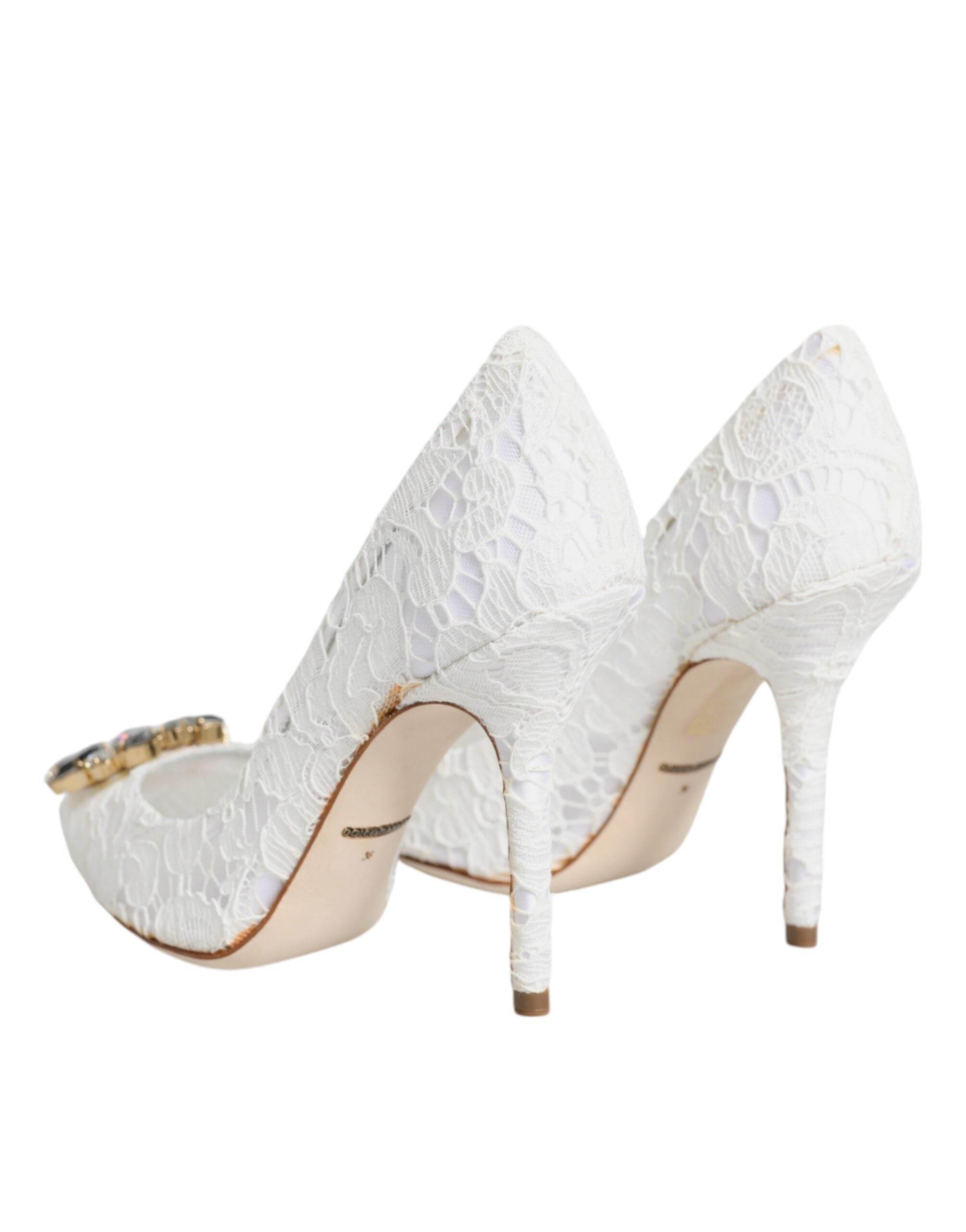 Dolce & Gabbana White Taormina Lace Crystal Heels Pumps Shoes - Hilstor