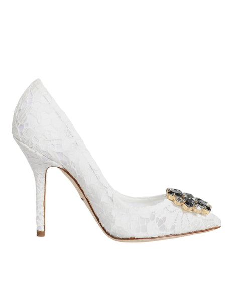 Dolce & Gabbana White Taormina Lace Crystal Heels Pumps Shoes - Hilstor