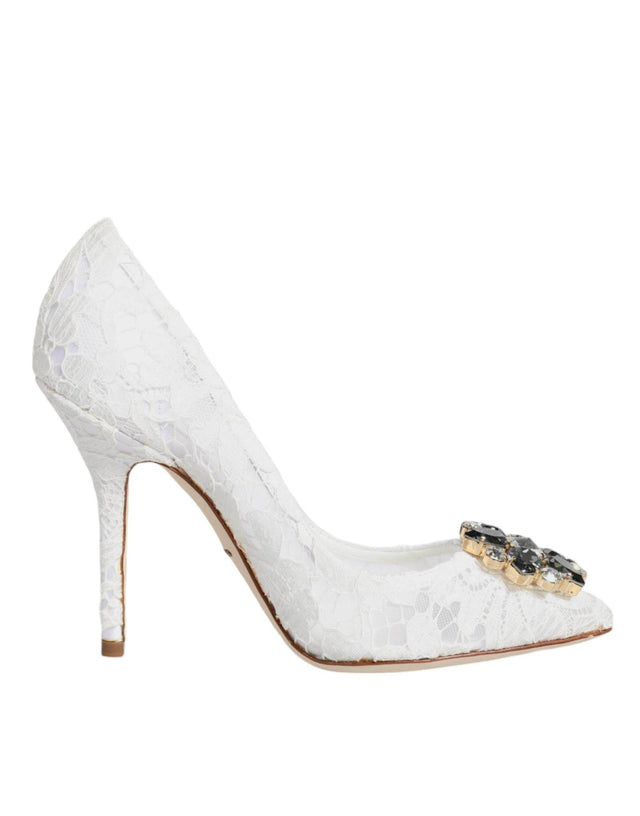 Dolce & Gabbana White Taormina Lace Crystal Heels Pumps Shoes - Hilstor