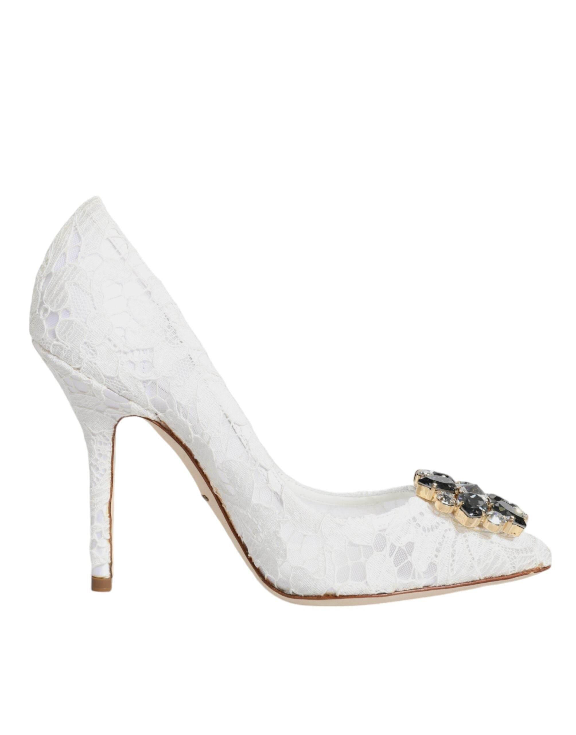 Dolce & Gabbana White Taormina Lace Crystal Heels Pumps Shoes - Hilstor