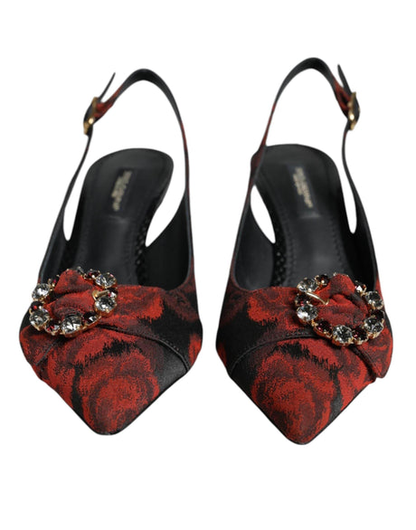 Dolce & Gabbana Black Red Floral Crystal Heel Slingback Shoes - Hilstor