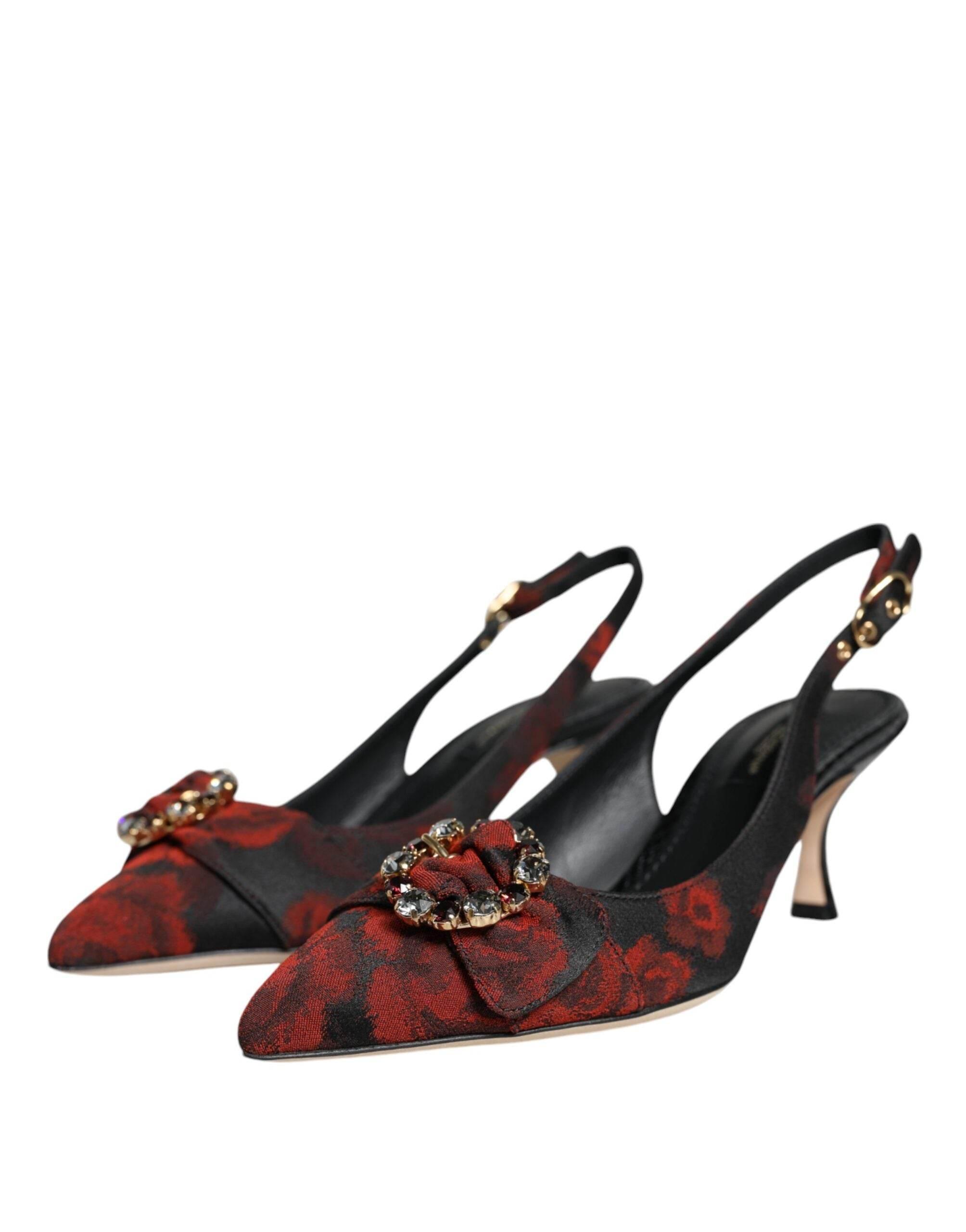 Dolce & Gabbana Black Red Floral Crystal Heel Slingback Shoes - Hilstor