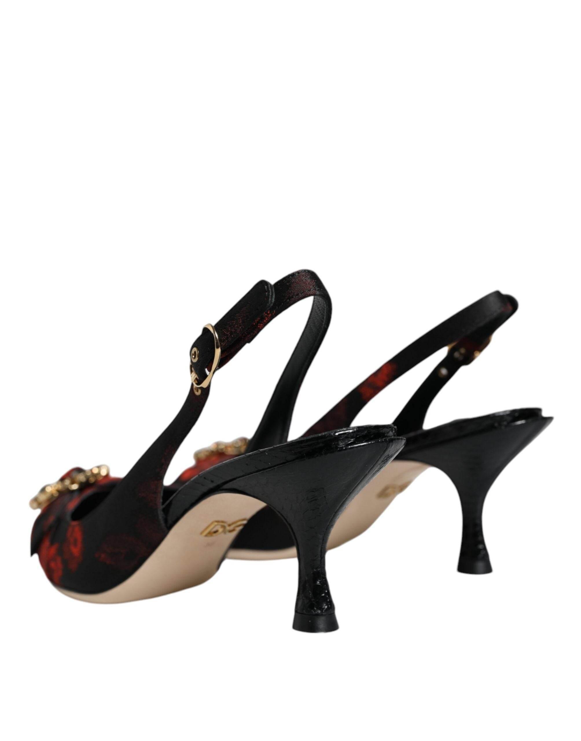 Dolce & Gabbana Black Red Floral Crystal Heel Slingback Shoes - Hilstor