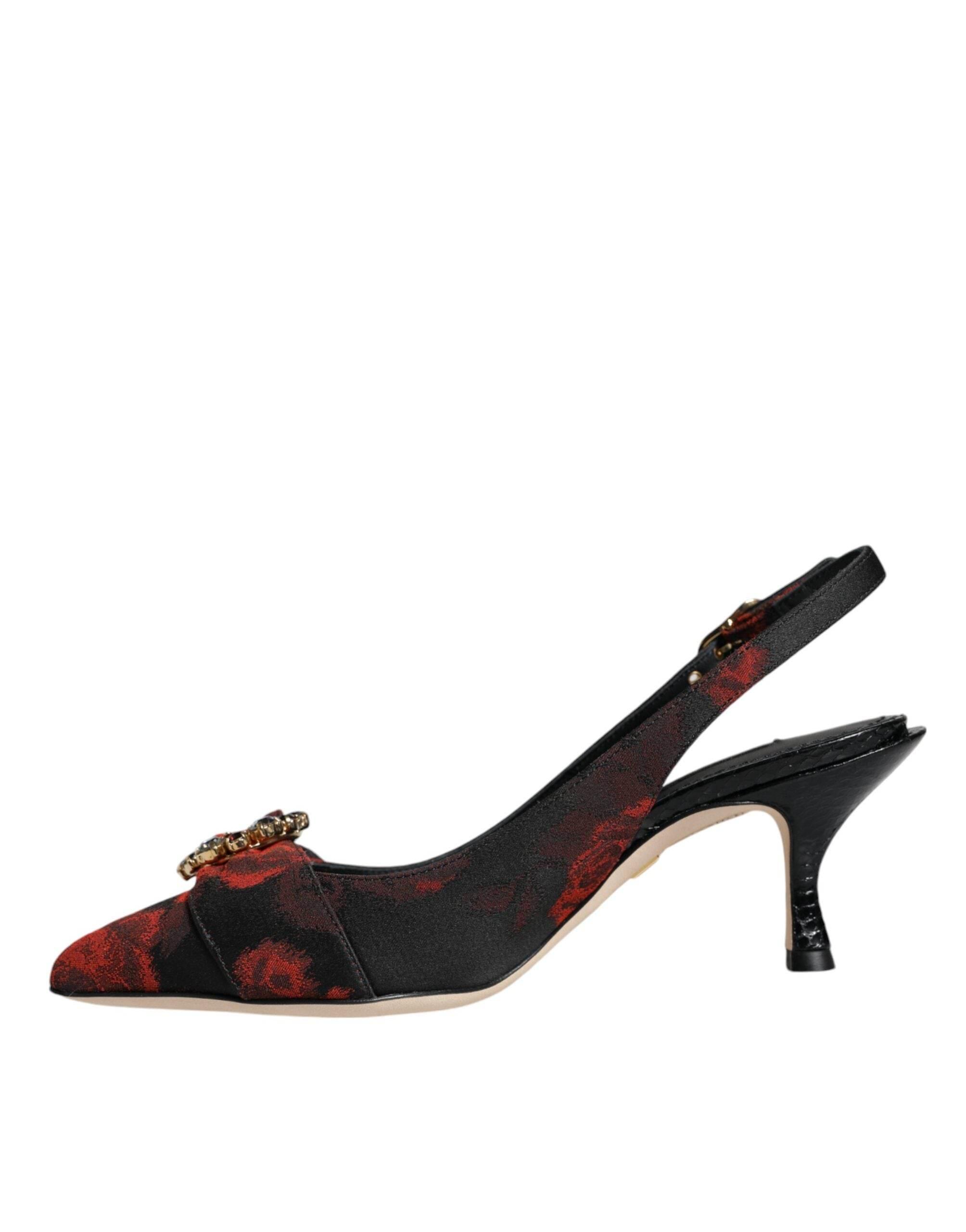 Dolce & Gabbana Black Red Floral Crystal Heel Slingback Shoes - Hilstor