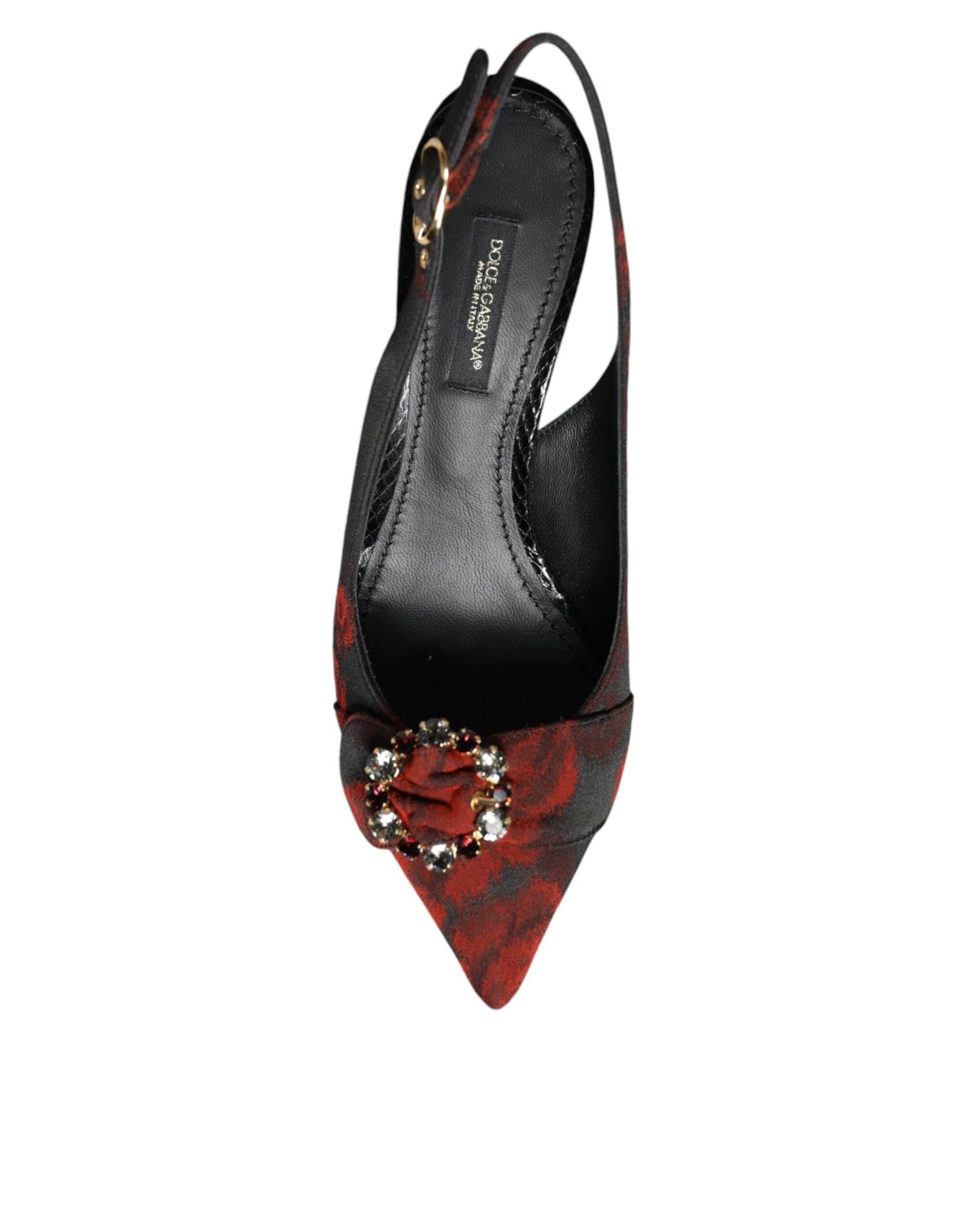 Dolce & Gabbana Black Red Floral Crystal Heel Slingback Shoes - Hilstor