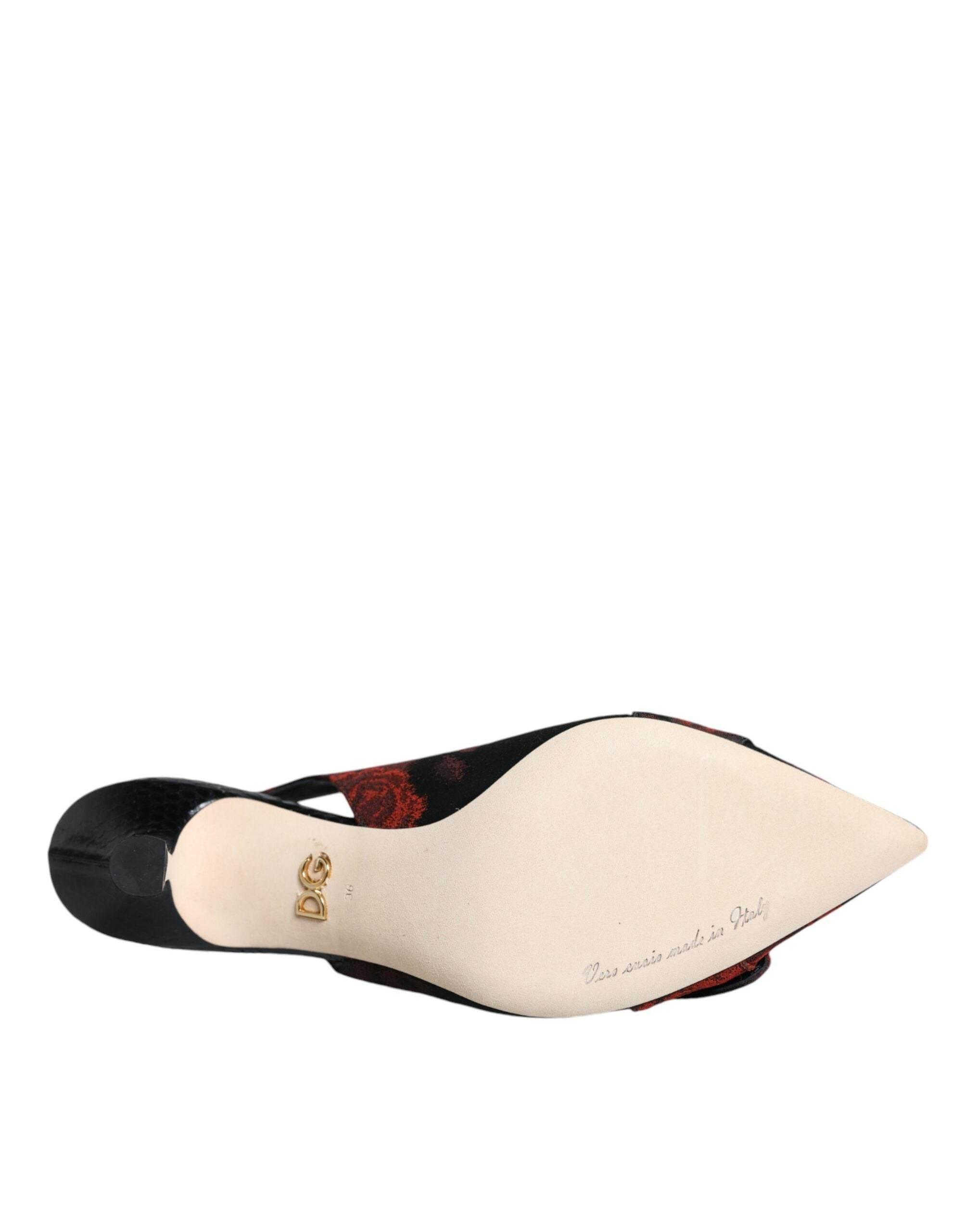 Dolce & Gabbana Black Red Floral Crystal Heel Slingback Shoes - Hilstor