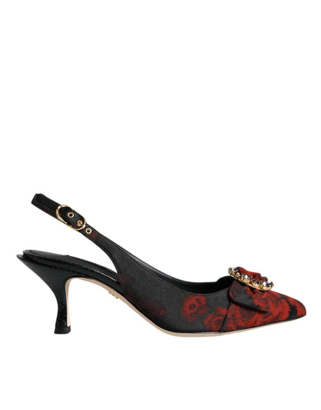 Dolce & Gabbana Black Red Floral Crystal Heel Slingback Shoes - Hilstor