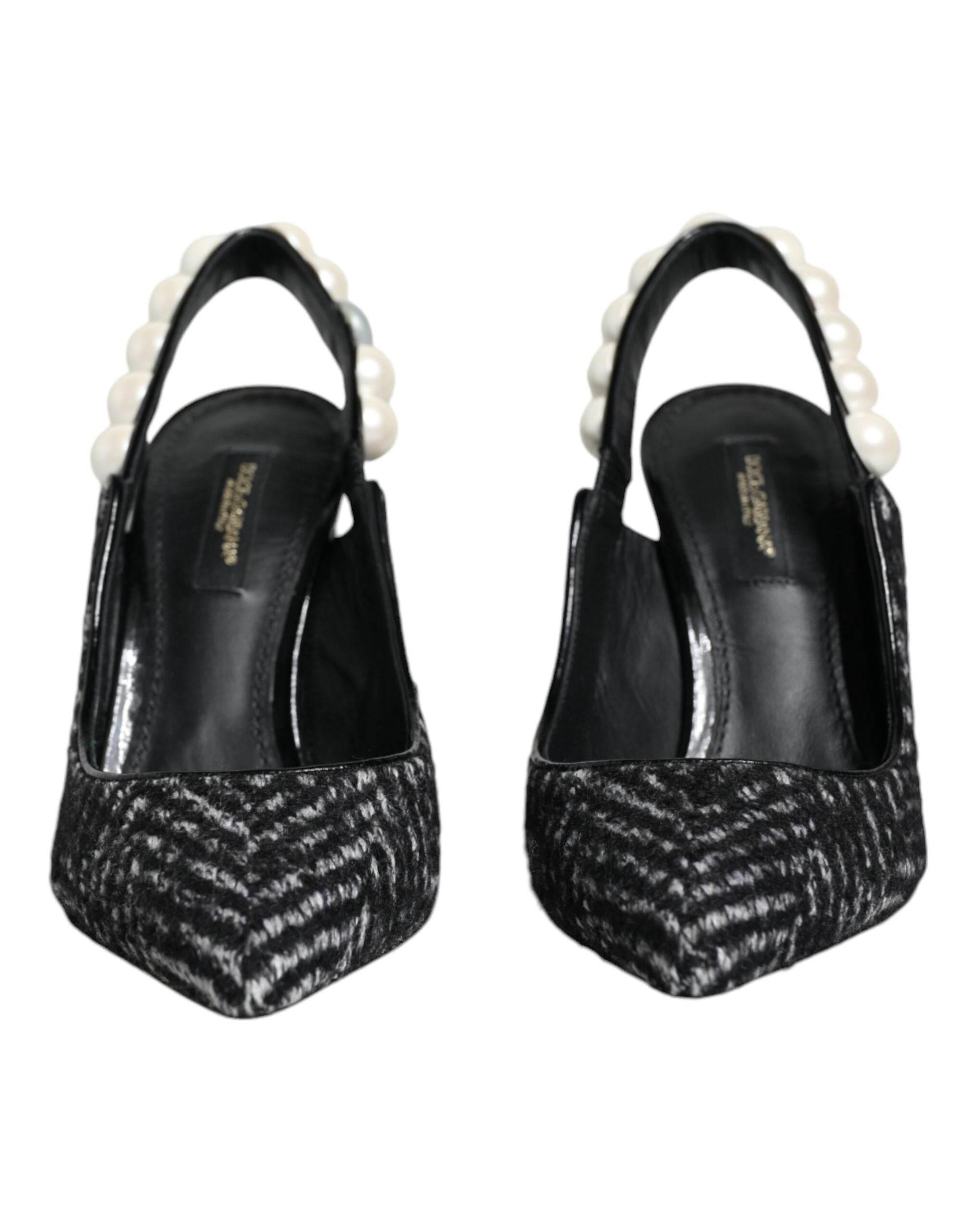 Dolce & Gabbana White Black Chevron Faux Pearl Slingback Shoes - Hilstor