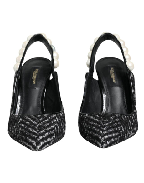 Dolce & Gabbana White Black Chevron Faux Pearl Slingback Shoes - Hilstor
