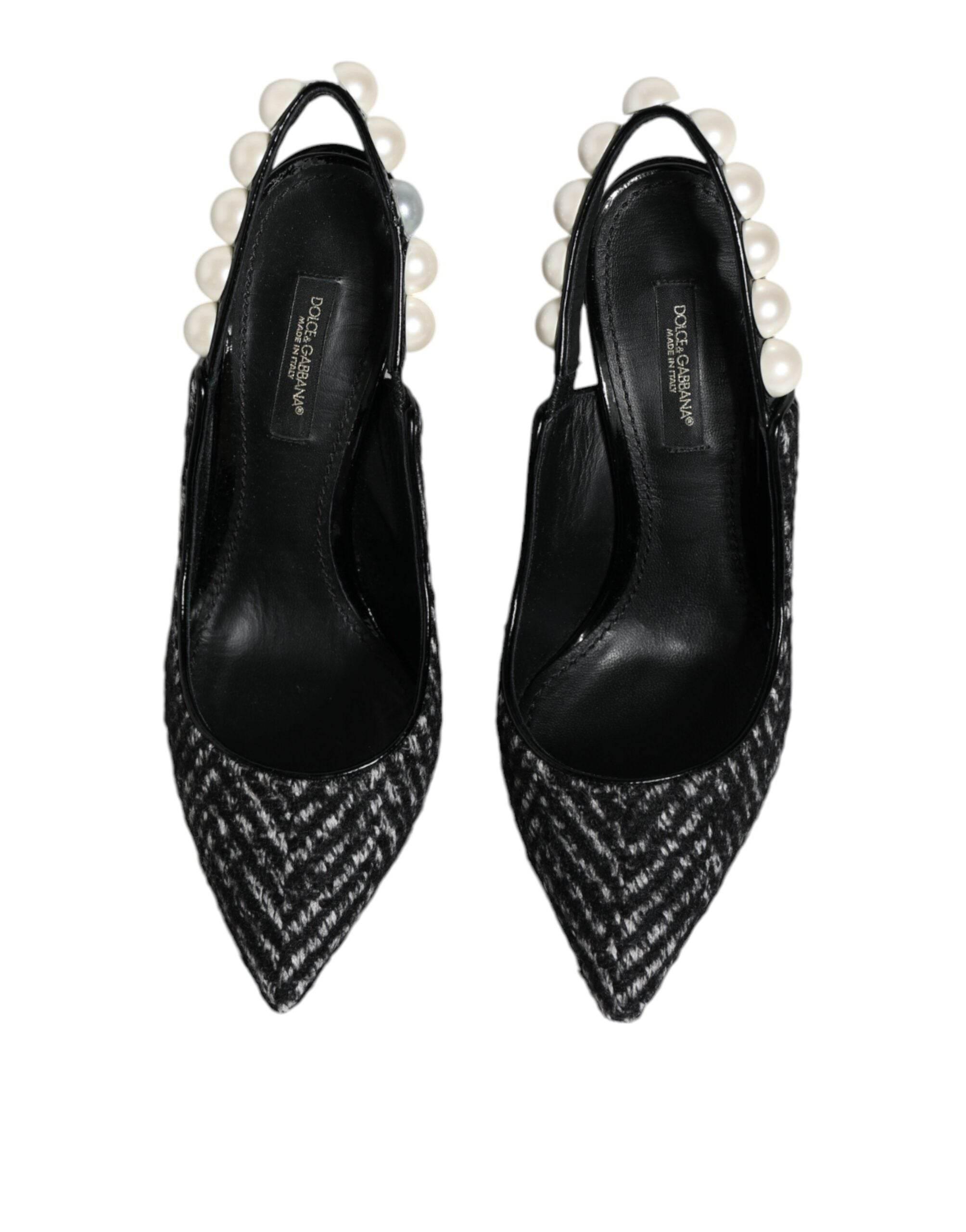 Dolce & Gabbana White Black Chevron Faux Pearl Slingback Shoes - Hilstor