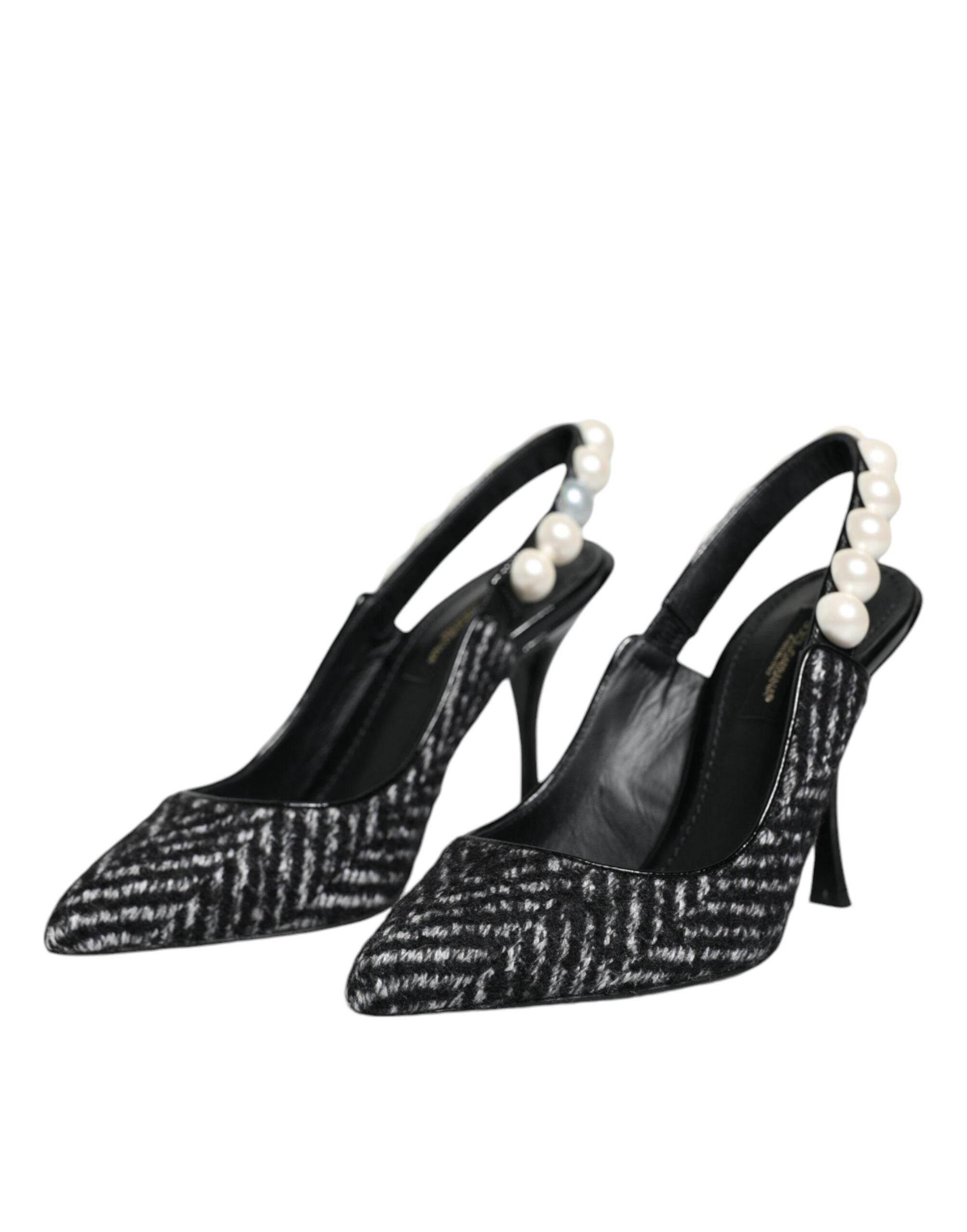 Dolce & Gabbana White Black Chevron Faux Pearl Slingback Shoes - Hilstor