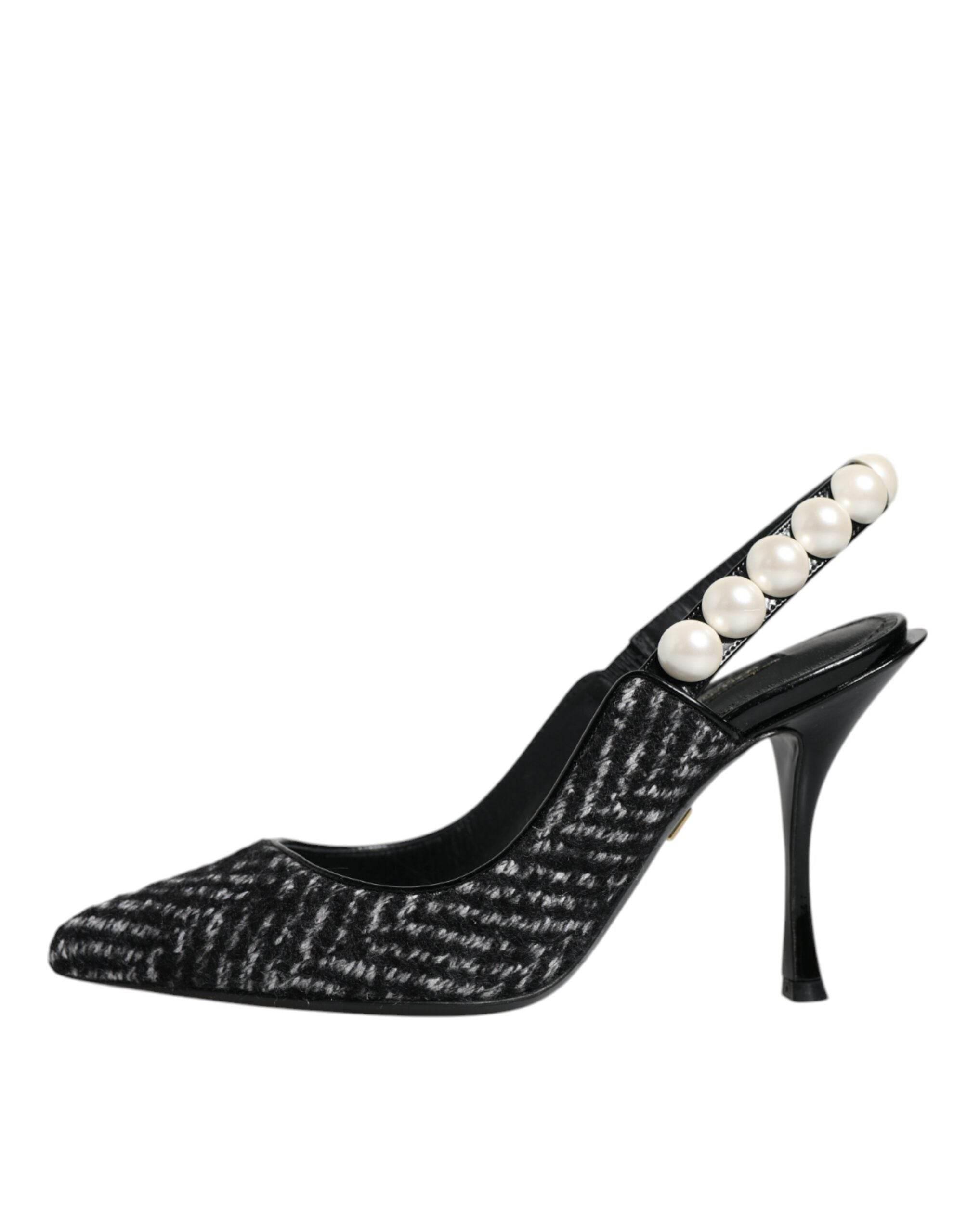 Dolce & Gabbana White Black Chevron Faux Pearl Slingback Shoes - Hilstor
