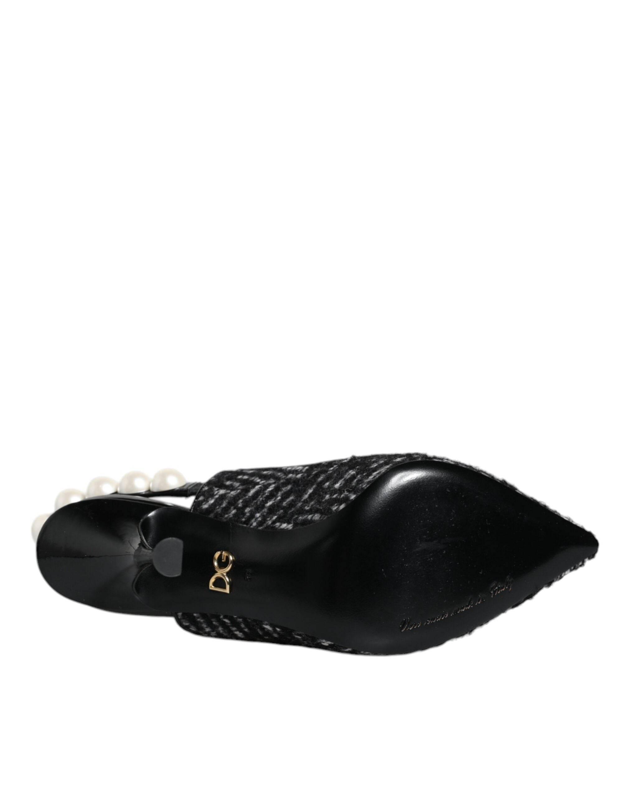 Dolce & Gabbana White Black Chevron Faux Pearl Slingback Shoes - Hilstor