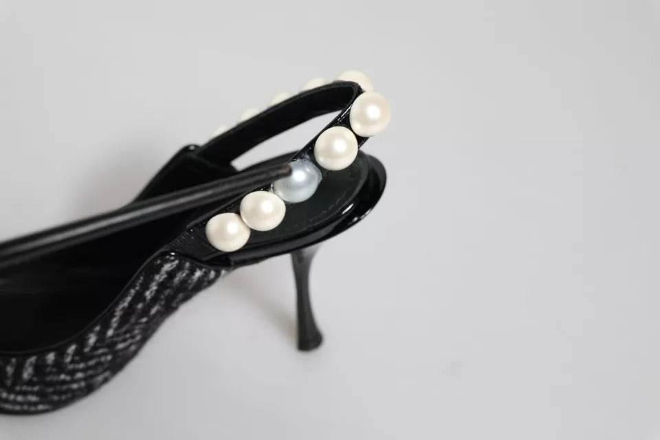Dolce & Gabbana White Black Chevron Faux Pearl Slingback Shoes - Hilstor