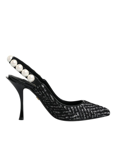 Dolce & Gabbana White Black Chevron Faux Pearl Slingback Shoes - Hilstor